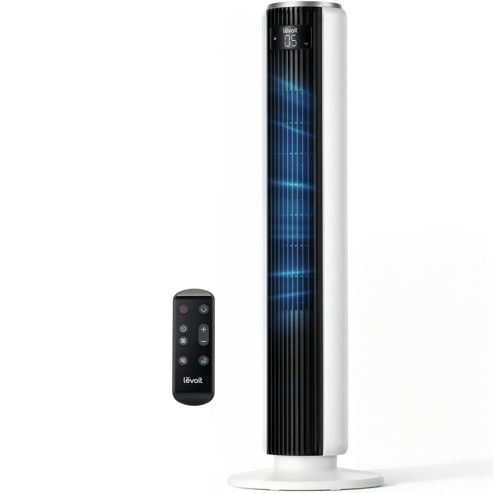 Levoit Tower Fan for Bedroom, 28ft/s Fans that Blow Cold Air, 28dB Quiet | Standing Floor Fan for Room, 90° Oscillating, 5 Speeds 4 Modes & Temp Sensor, Bladeless, 12H Timer, Remote, 36 inch, White