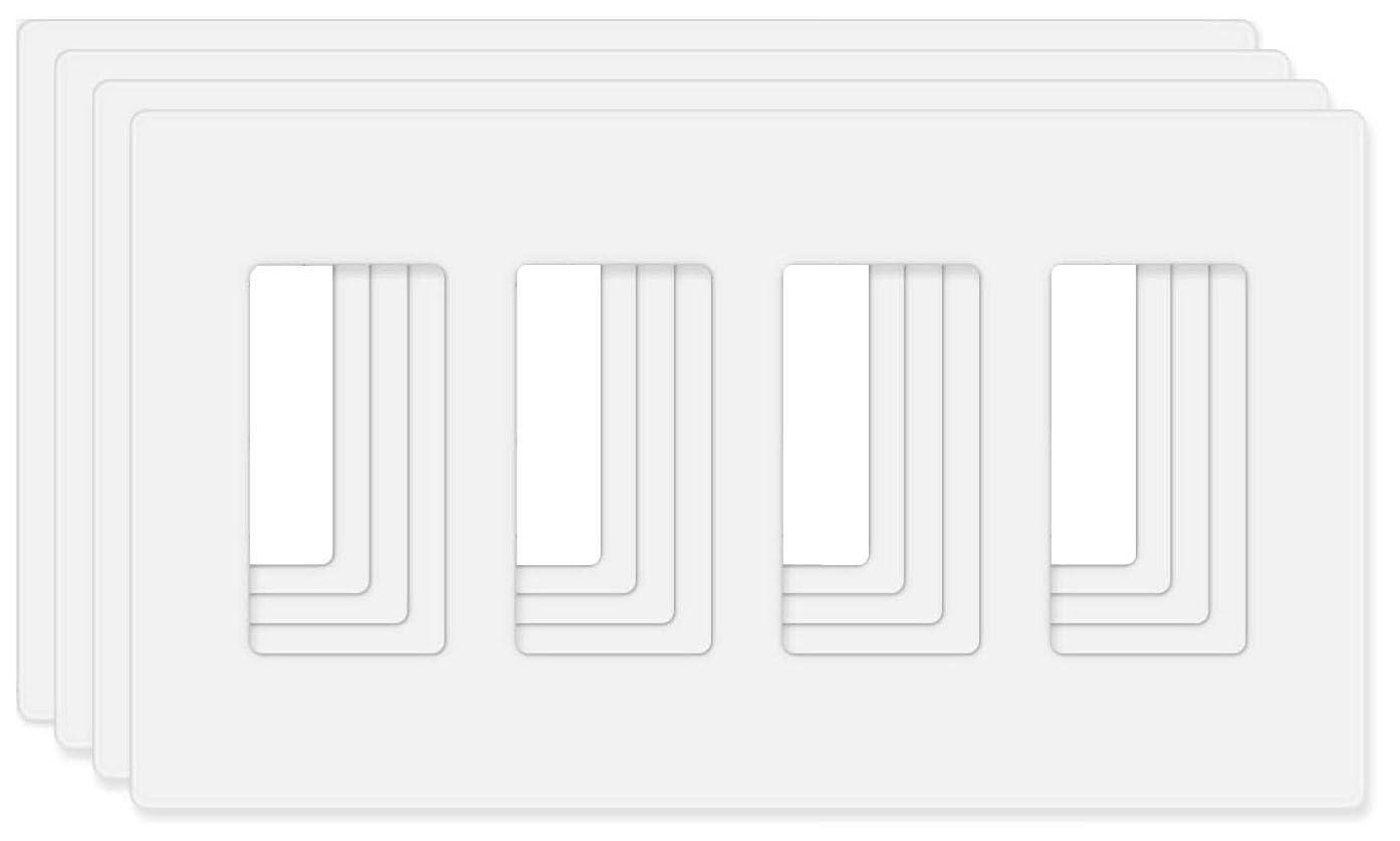 Screwless Decorator Wall Plates 4-Gang Switch Outlet Electrical Cover Plate Unbreakable Thermoplastic Faceplate for Decorative Receptacle Outlet Switch, White (4 Pack)