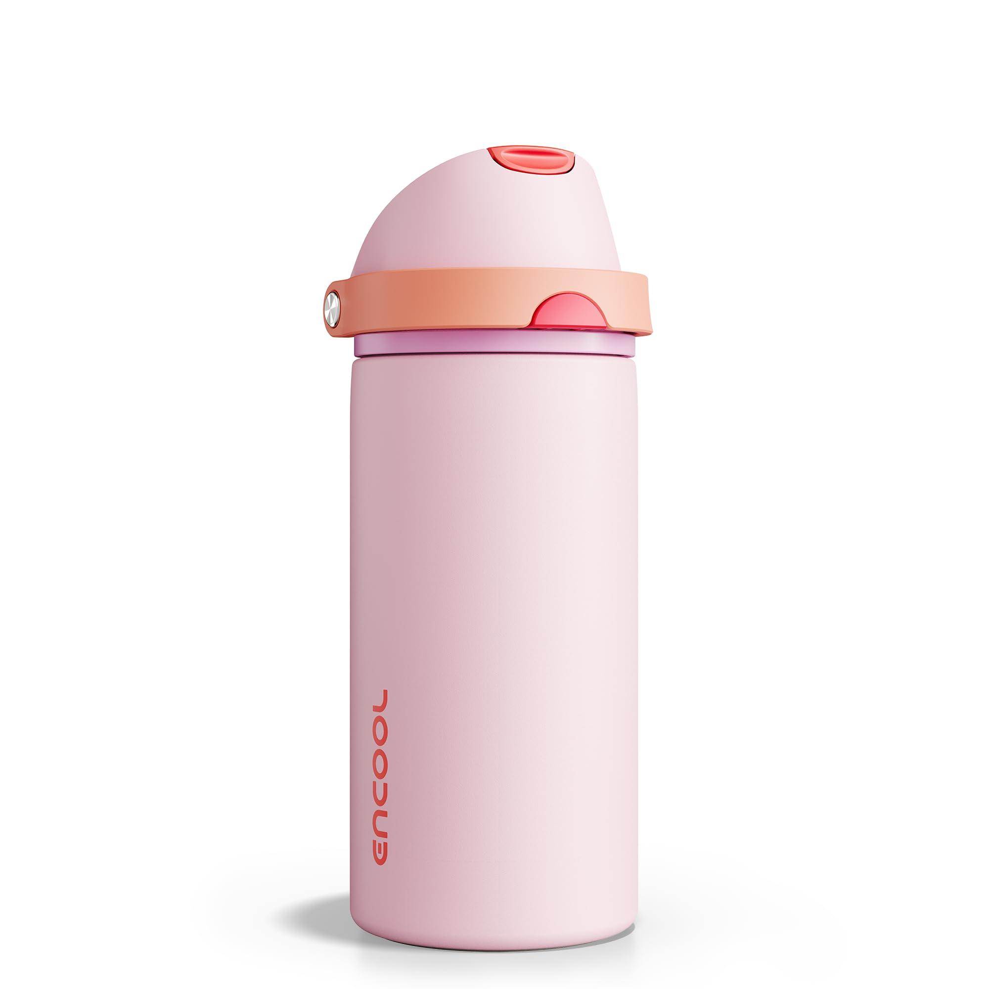 Insulated Water Bottle with Straw - Encool Stainless Steel Water Bottle with Push Button Lid, Leak-Proof & BPA-Free, Keeps Cold for 24 Hours for Sports, Travel, Gym (18 oz, Lily-Red)