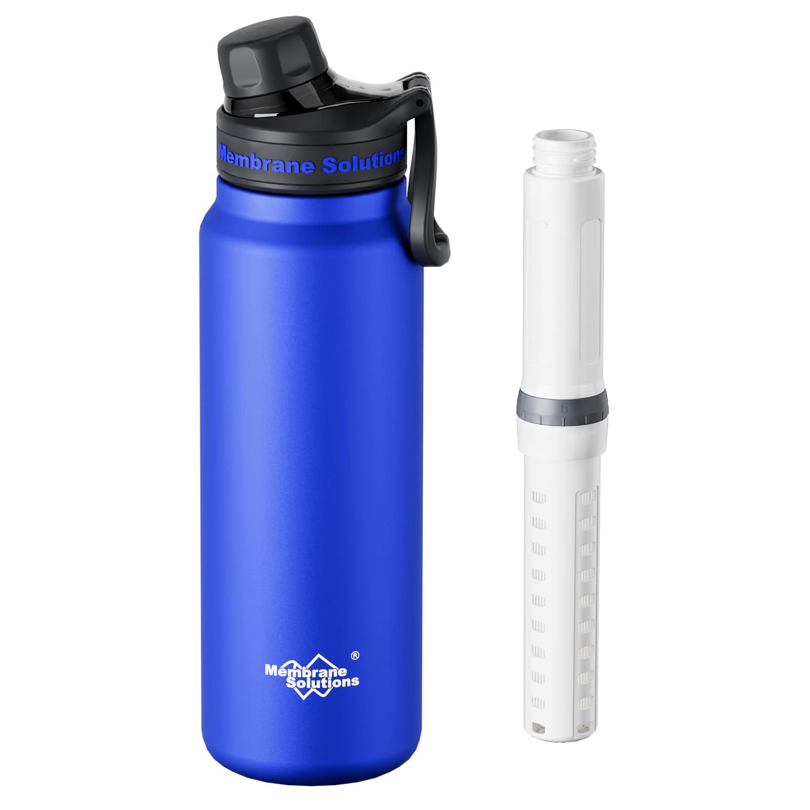 Membrane Solutions C3 Filtered Water Bottle, 32oz Stainless Steel Water Bottle with Replaceable UF+ACF Filter Cartridge, Portable Water Filter, Travel, Hiking & Camping for Drinking Water