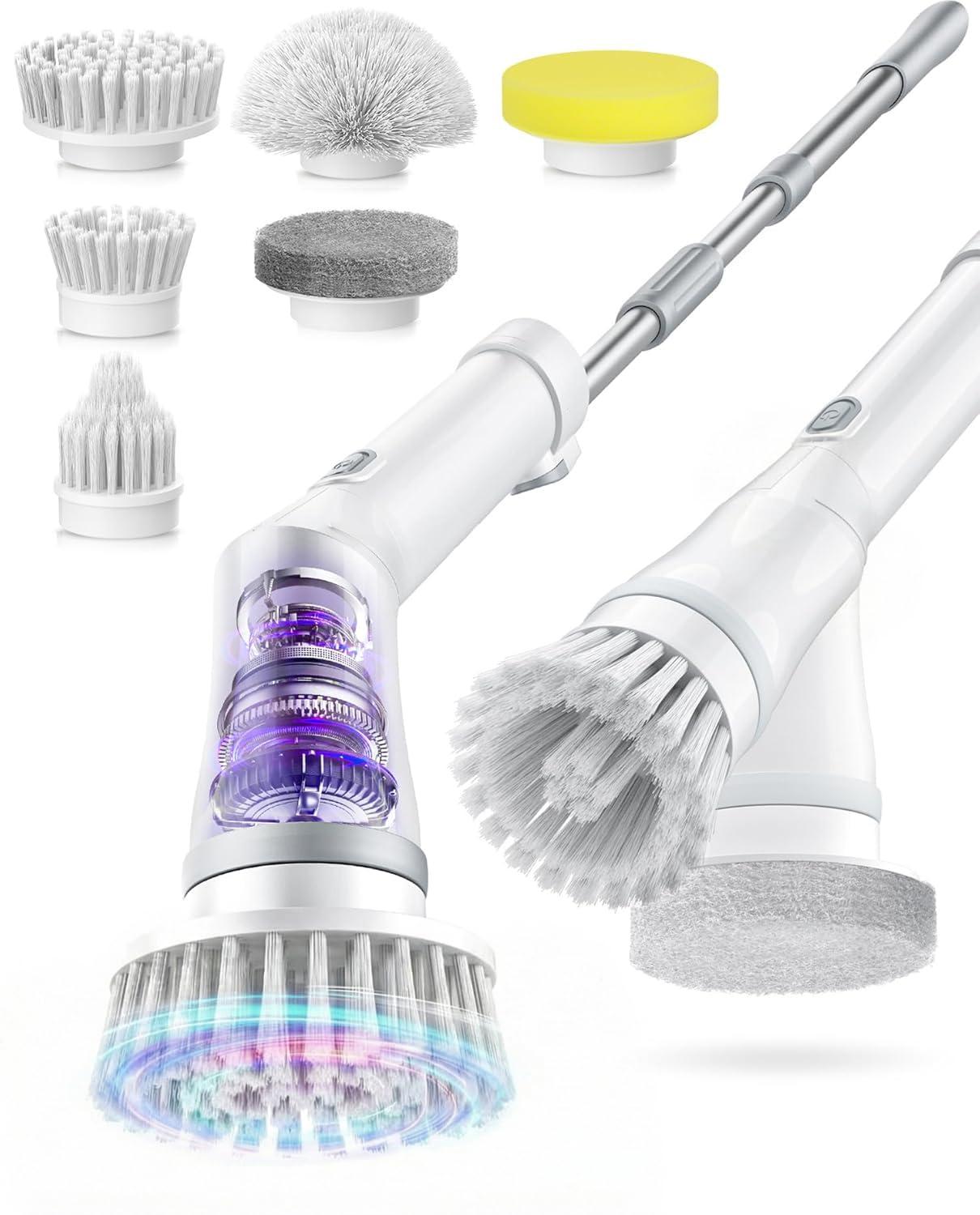 Lichffy 6-in-1 Electric Spin Scrubber, Cordless Power Scrubber with 47.2" Long Extendable Handle, IPX7 Waterproof 2-Speed Scrub Brush for Bathroom, Kitchen, Tile, Tub and Floor Cleaning, White-qb2