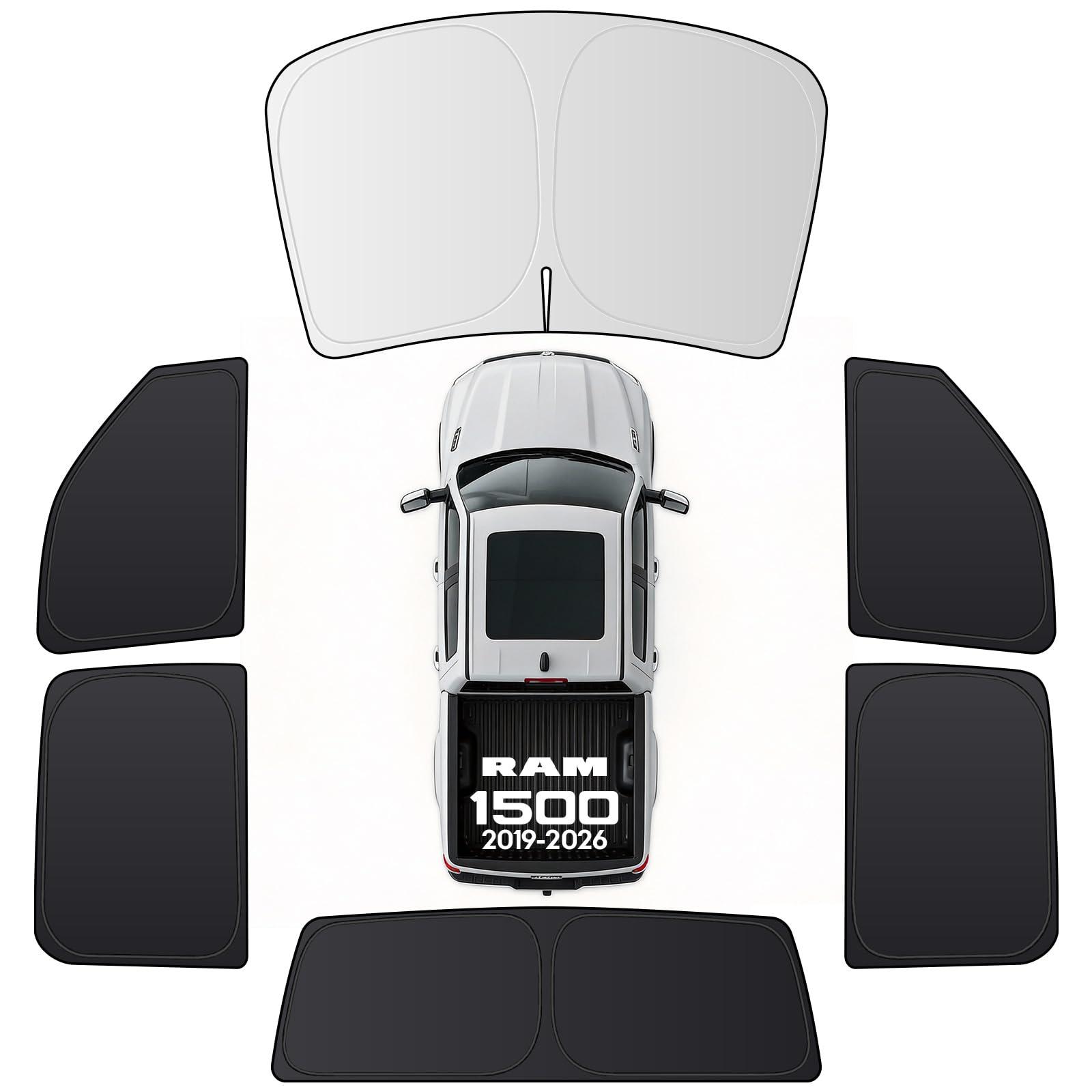 Wigoo 2026 Upgrade 6PCS Full Set Window Sunshade for Dodge Ram 1500 2019-2026 [7-Layer Cooler & Blacker, Ice-Crystal Tech] with Windshield for Sun Block, Baby, Camping, Privacy Napping, Relax