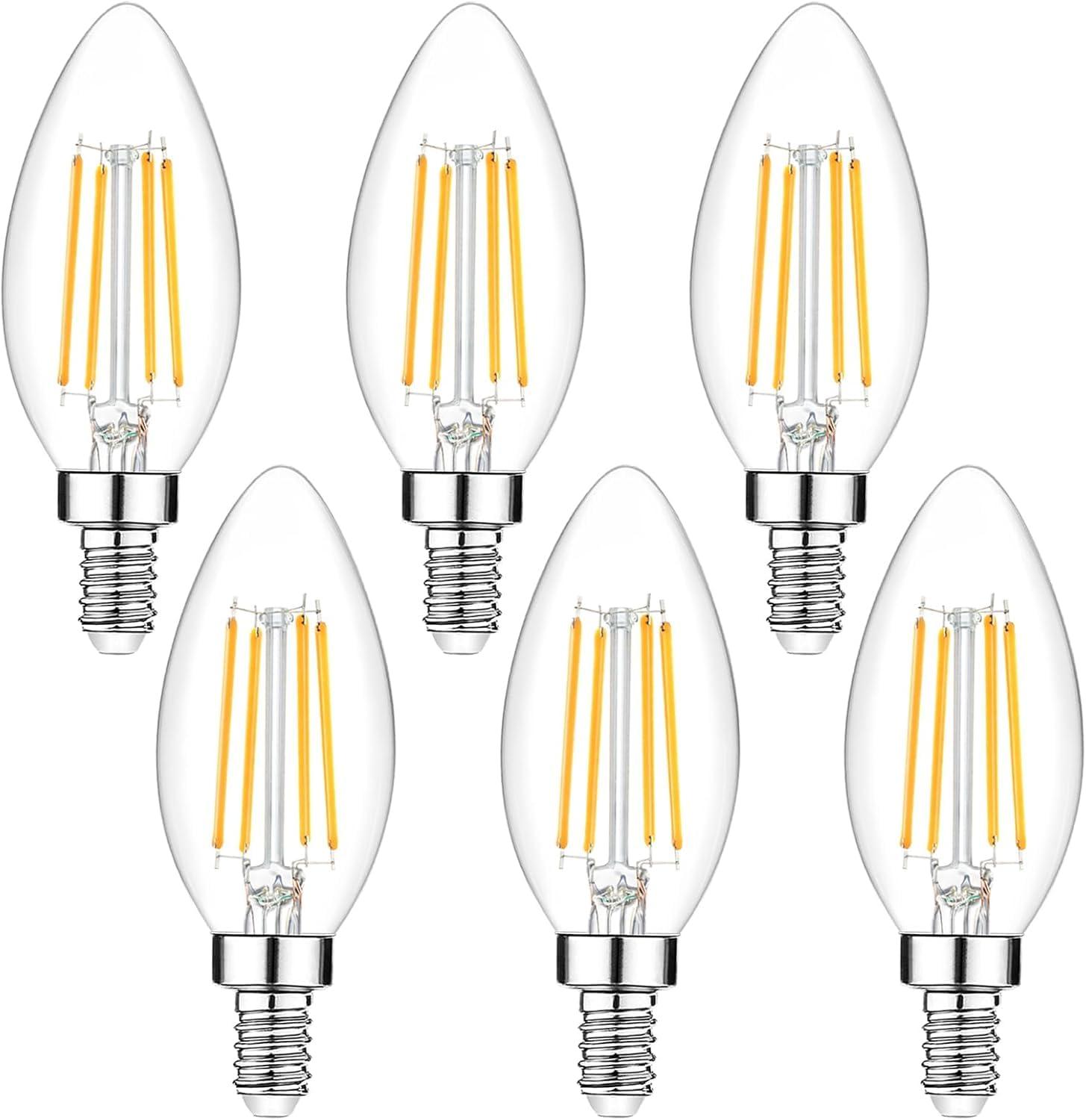 6-Pack Dimmable E12 LED Candelabra Bulbs 40Watt Equivalent, 2700K Warm White, 450Lumens, 4W B11 Vintage Chandelier Light Bulbs, LED Filament Clear Glass Candle Lamp for Ceiling Fan Home Decor
