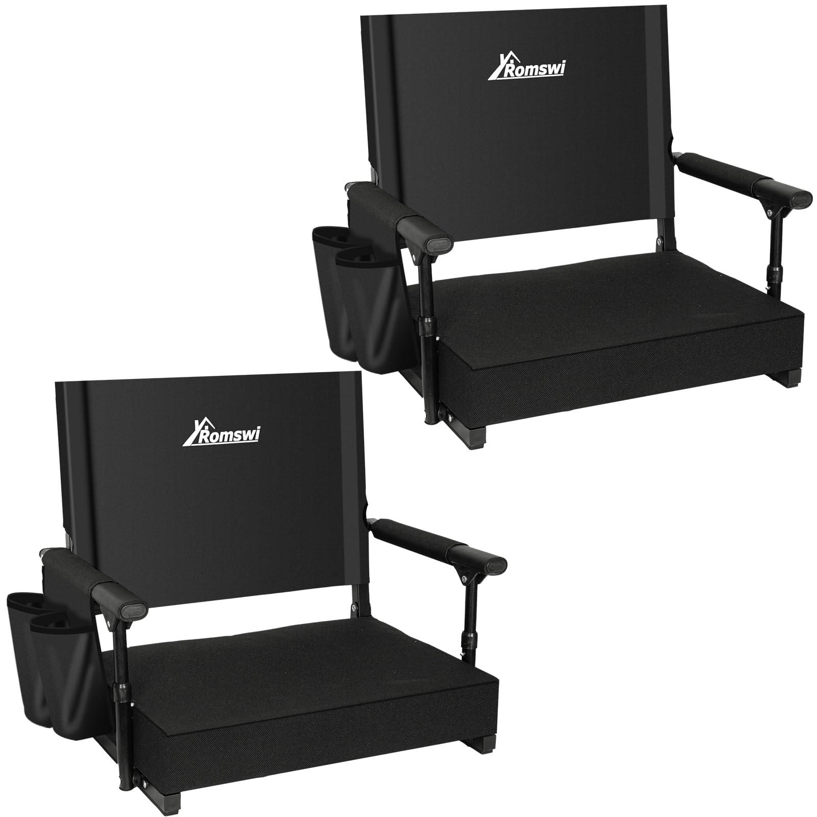 Romswi 2-Pack 2.8" Thick Stadium Seats with Back Support & Armrests, Lightweight Bleacher Chairs with 2 Cup Holders, Portable for Football Games & Events, Support Up to 400lbs