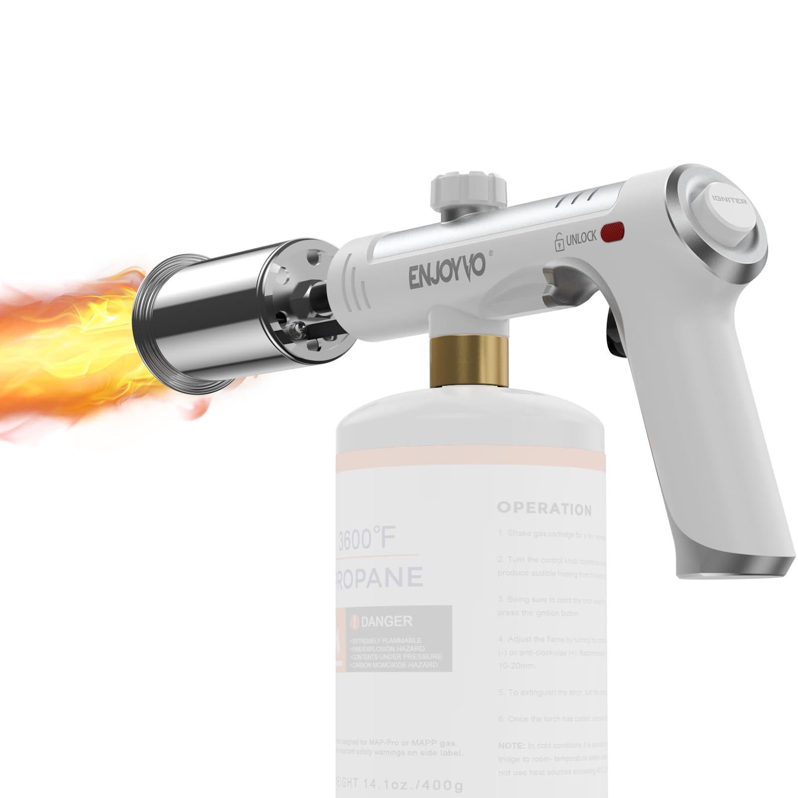 Enjoyvo Propane Torch Gun with Piezo Ignition, Adjustable Flame, Safety Lock, Max Power Button for Welding, Searing Steak, BBQ, Soldering - Compatible with Standard Butane & MAPP (Tank Not Included)