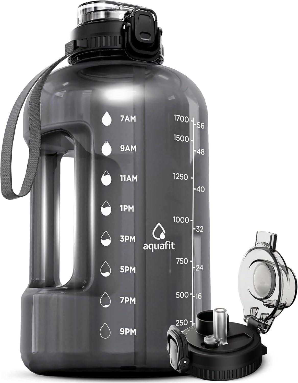 AQUAFIT Half Gallon Water Bottle with Time Marker - Straw & Chug Lid - BPA Free Gym Water Bottle with Straw - Big Gallon Jug (Gray, 64 oz - 2in1 Lid)