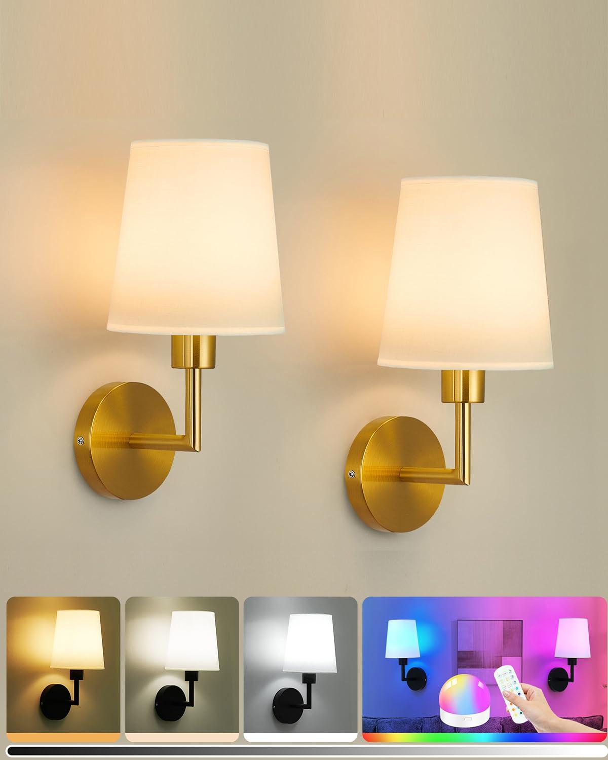 Pygocereri Battery Operated Wall Sconce Set of 2, Rechargeable Wall Light with 10000mAh RGB Dimmable Magnetic Bulbs and Remote, 15 Color Wall Lamps for Bedroom (Gold)