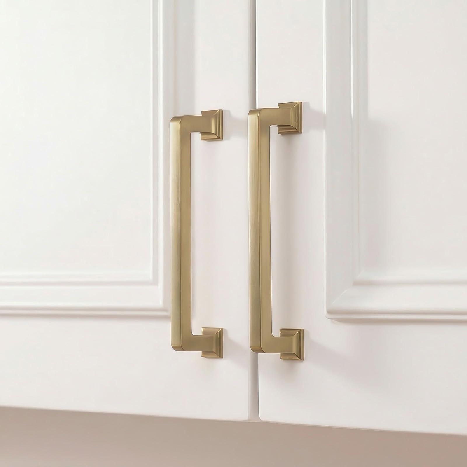 homdiy 10 Pack 5-1/16 Inch Champagne Bronze Cabinet Pulls, Solid Heavy-Duty Zinc Alloy Kitchen Handles, Gold Cabinet Handles Modern Square Drawer Pulls for Cupboard, Dresser, Wardrobe