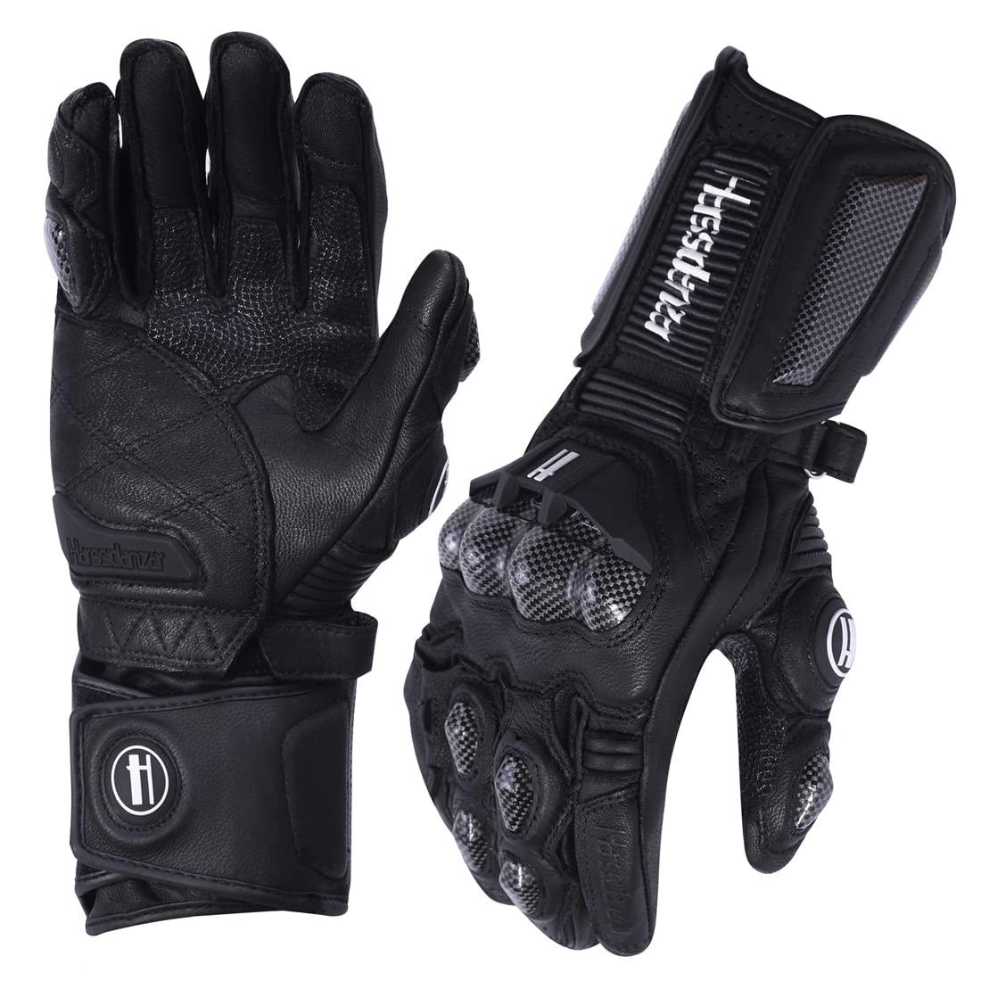 Harssidanzar Leather Motorcycle Gloves for Men and Women,Powersports Carbon Fiber Knuckle Protection Motorbike Gloves KM045