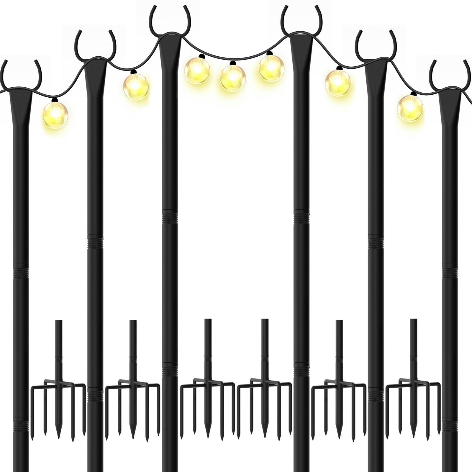 WeValor String Light Poles for Outside, 10ft Outdoor Poles for String Lights, Heavy Duty Stepped-in 5-Prong Base Light Pole for Backyard, Patio, Garden, Wedding & Party Decor (6 Pack)