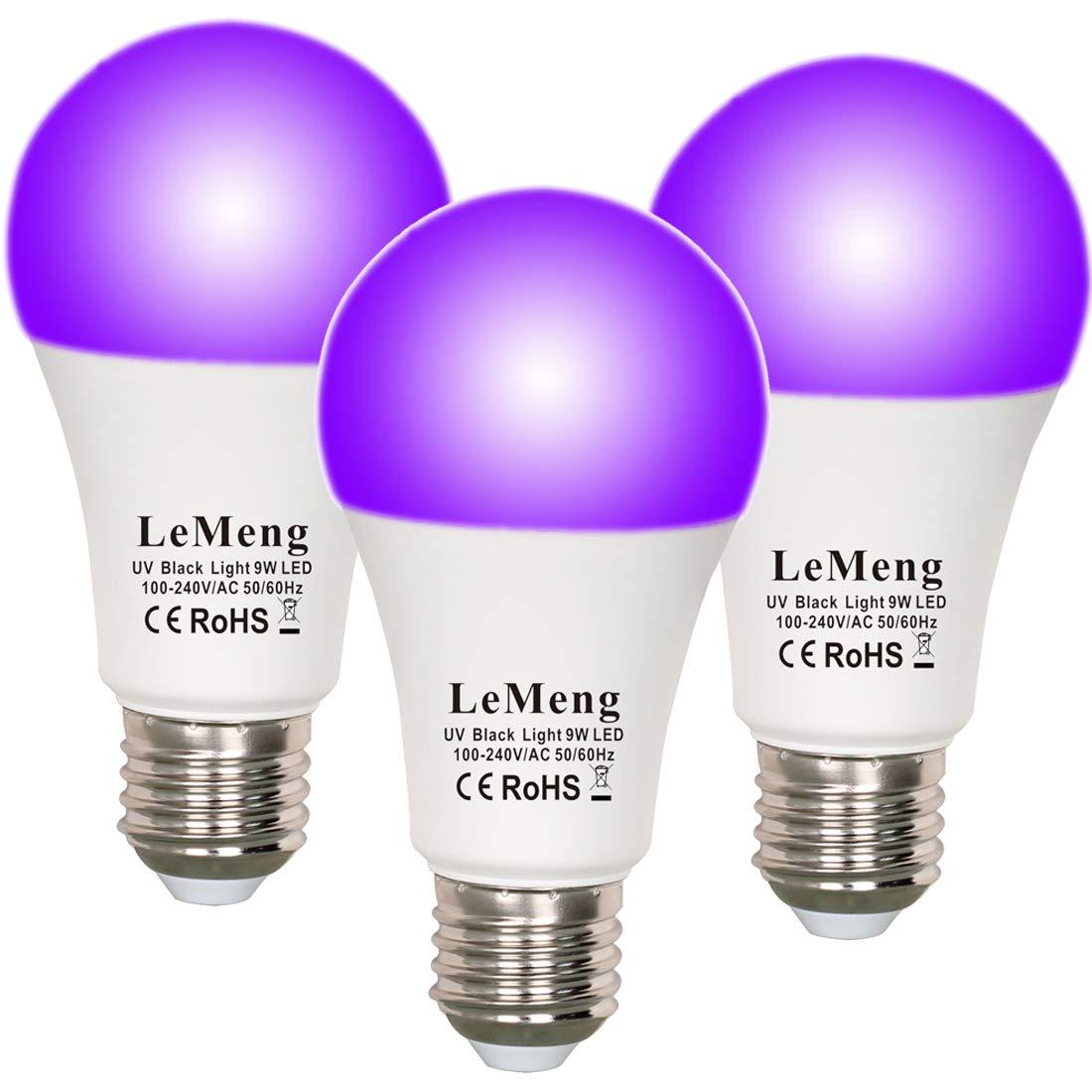 Black Light Bulb 9W LED A19 Blacklight E26 Base 120V UVA Level 395-400nm | 75W Halogen Equivalent,Glow in The Dark for Blacklights Party,Body Paint,Fluorescent Poster,Non-Dimmable,Pack of 3