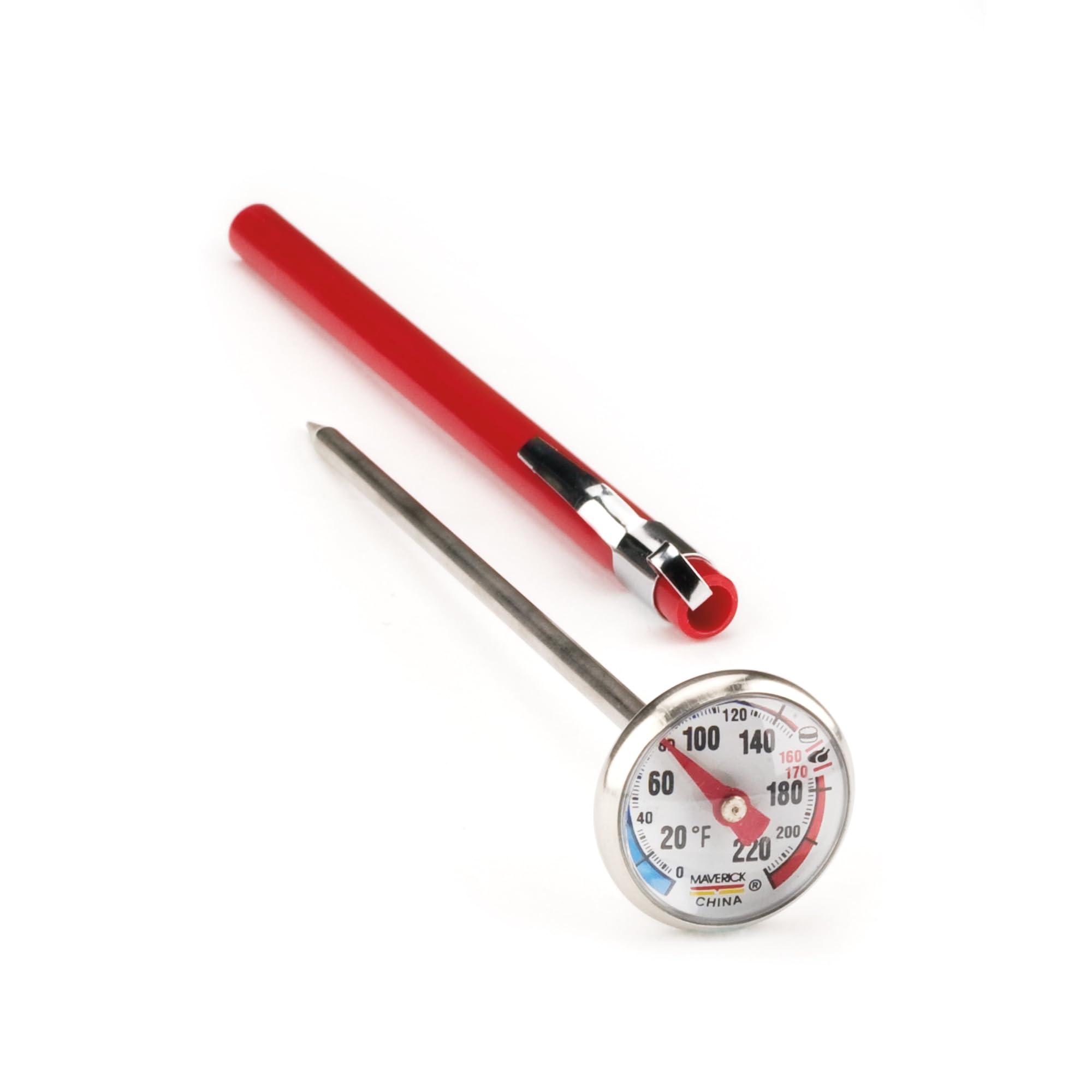 Maverick Large Dial Instant Read Thermometer, Analog Cooking Thermometer, 0°F–220°F Range, Stainless Steel, Shatterproof Lens, with Protective Probe Sheath (Regular)