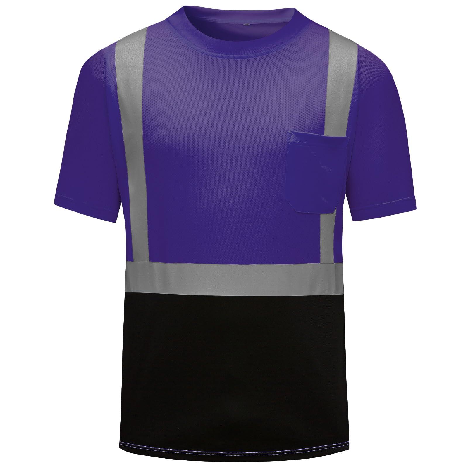 DPSAFETY High Visibility Shirts Quick Dry Safety T Shirts with Reflective Strips and Pocket Short Sleeve Mesh Hi Vis Construction Work Class 2 Shirt for Men/Women Black Bottom Purple,Small