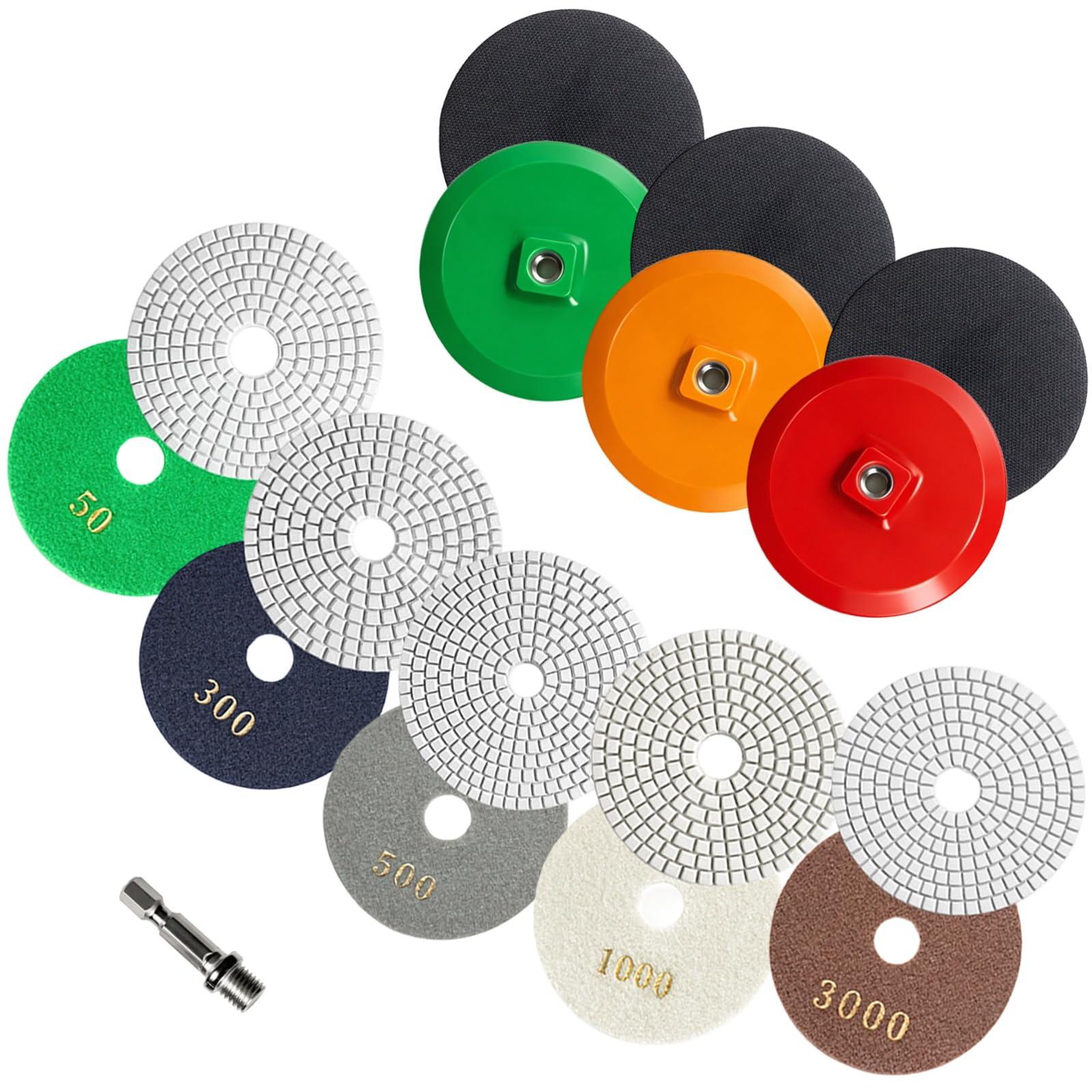 4 Inch Diamond Polishing Pads 5-Step Quick Polish 50-3000 Dry/Wet Buffing Pad for Marble Quartz Concrete Stone Tiles - Diamond Sanding Pad Kit Used for Grinder Polisher Drill