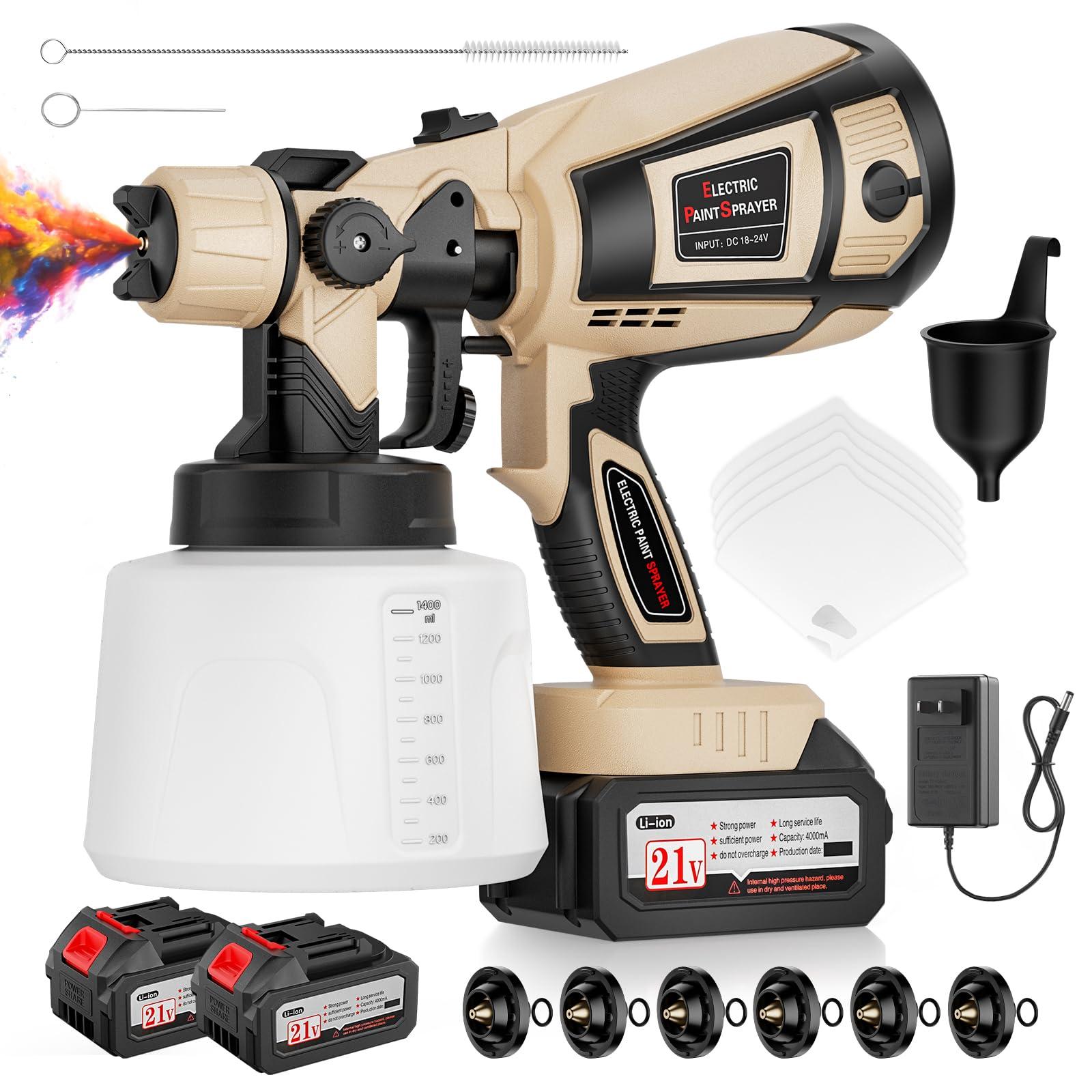Paint Sprayer, 650W Spray Paint Gun with Battery 2 × 4.0mAh & 1400ML Container, Easy to Clean & Setup, Electric Paint Sprayer for House Painting Graffiti Wall Fence Furniture DIY Projects (Brown)