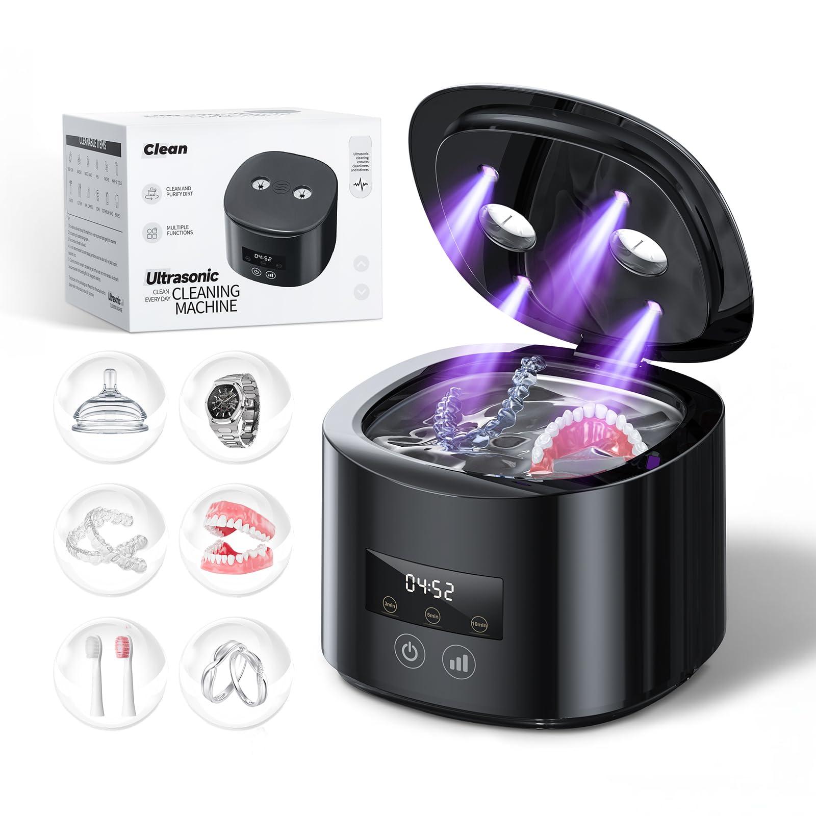 Ultrasonic Retainer Cleaner Machine, 50kHz Dental Cleaning Pod for Night Guards, Braces, Aligners, Toothbrushes, Mouth Guards, Jewelry, 340ml Rechargeable Ultrasonic Denture Cleaner with Digital Timer