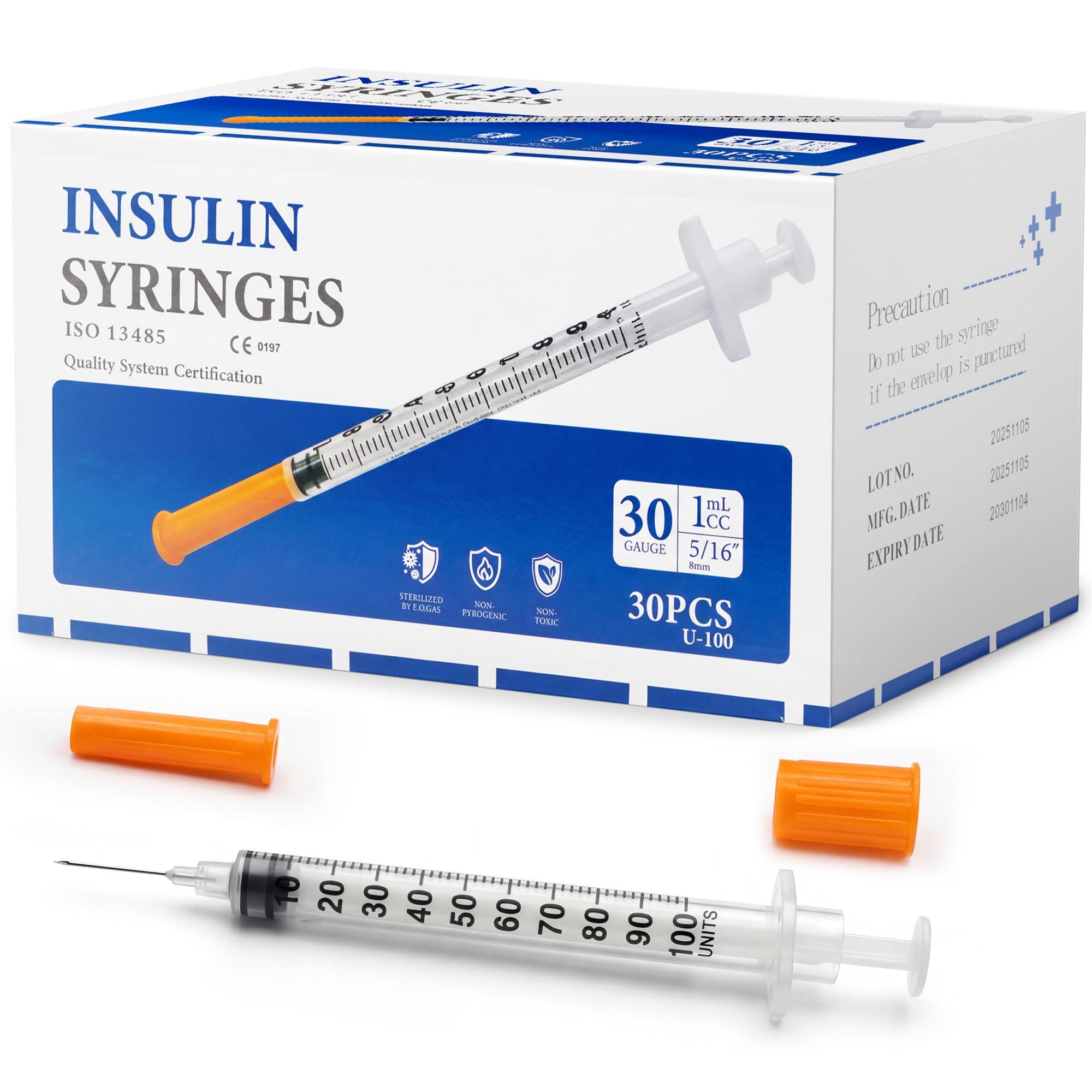 Disposable Insulin Syringe with Needle, U-100 30G 1cc 5/16-Inch (8mm), Individually Packed,Box of 30