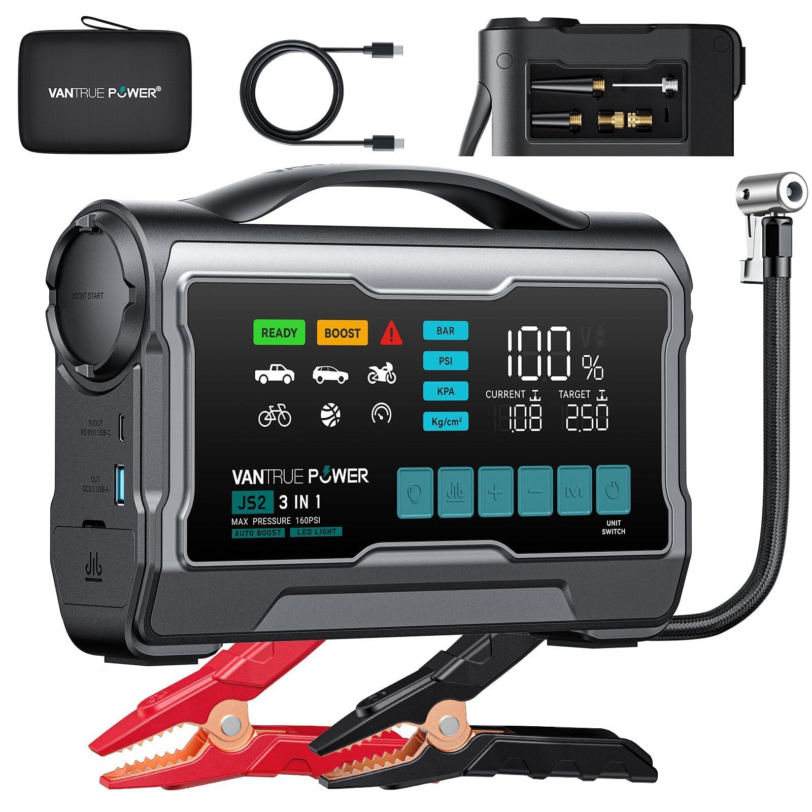 VANTRUE POWER JS2 2500A Jump Starter with 160PSI Air Compressor, 12V Car Battery Booster with Display, Support 65W Charging Power Bank, Nozzles Storage Compartment- for 8L Gas/7L Diesel Engines