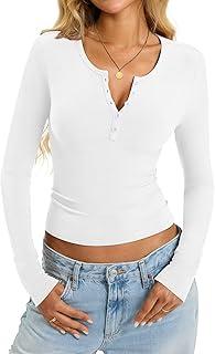 Womens Cotton Long Sleeve Shirts V Neck Henley Tops Slim Fit Basic Going Out Tshirts Fall Fashion Outfits 2025