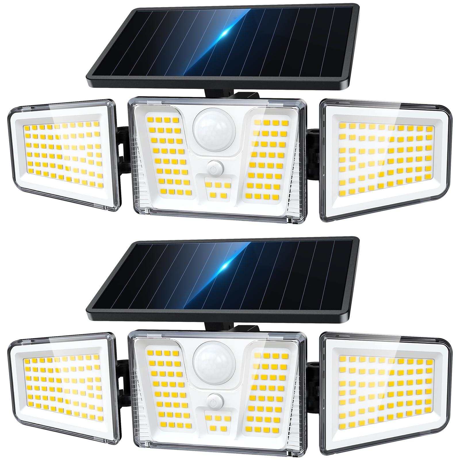 KOOPER Solar Flood Lights, 210 LED Motion Sensor Outdoor Lights, Solar Motion Lights Outdoor Waterproof, 3 Heads 300° Wide Angle Outdoor Security Lights for Yard Patio Garage Entryways, 2 Pack, Black