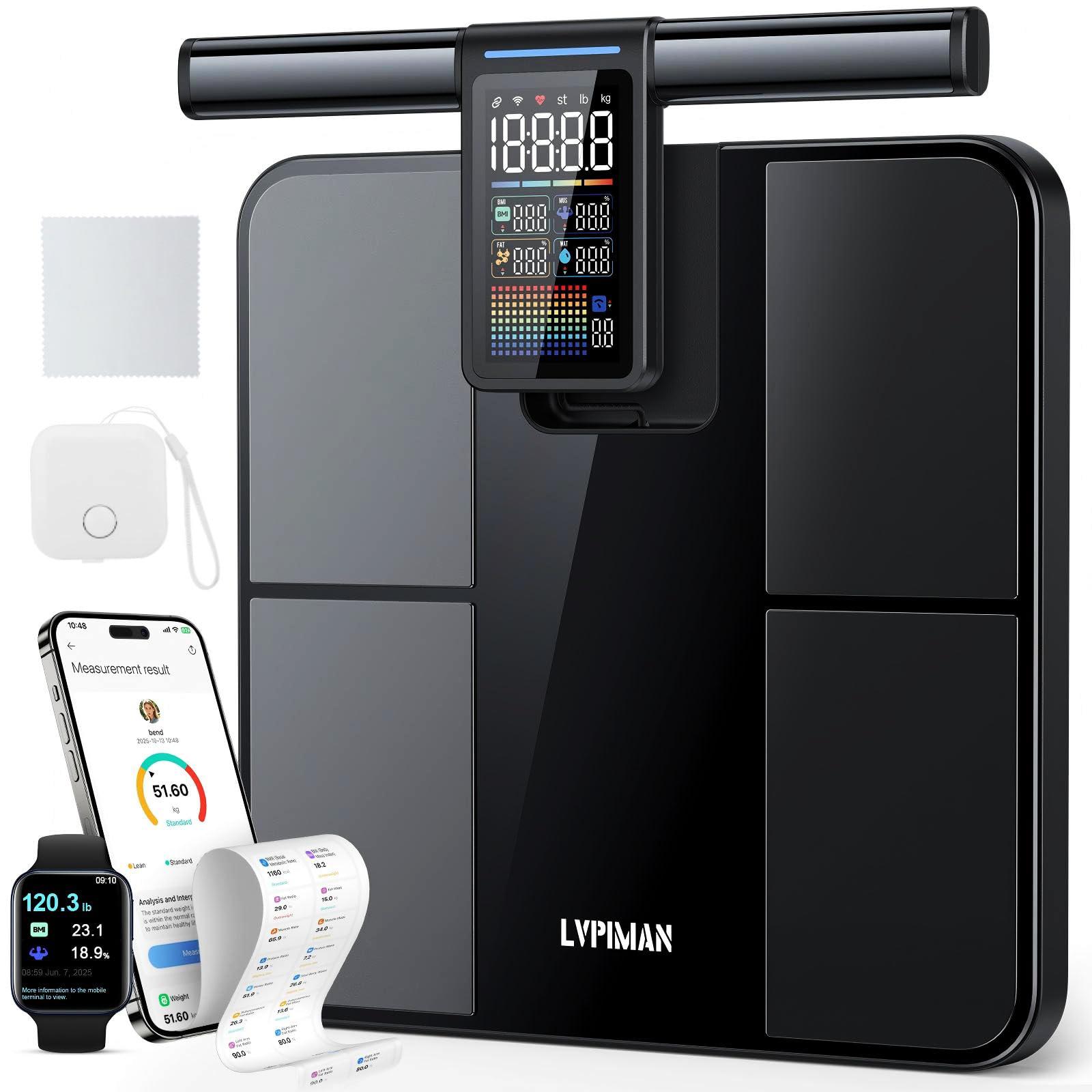 LVPIMAN Smart Scale for Body Weight and Fat, 57 Body Composition Metrics, BMI, Muscle Mass, 8-Electrode Digital Bathroom Scale, 485lbs Capacity, with 5.25-Inch VA Color Screen & Retractable Handle