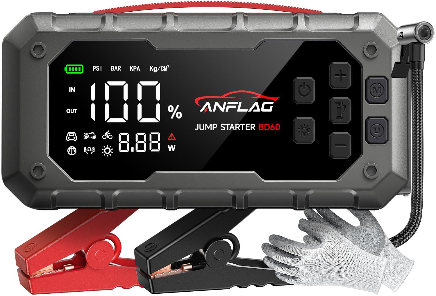 ANFLAG 10-in-1 Car Jump Starter with Air Compressor, 8000A 160PSI Jump Starter Jump Box(All Gas/14L Diesel), PD65W Charging Battery Jumper Starter Portable Jumper Cable with 160W DC, Gloves, Lights