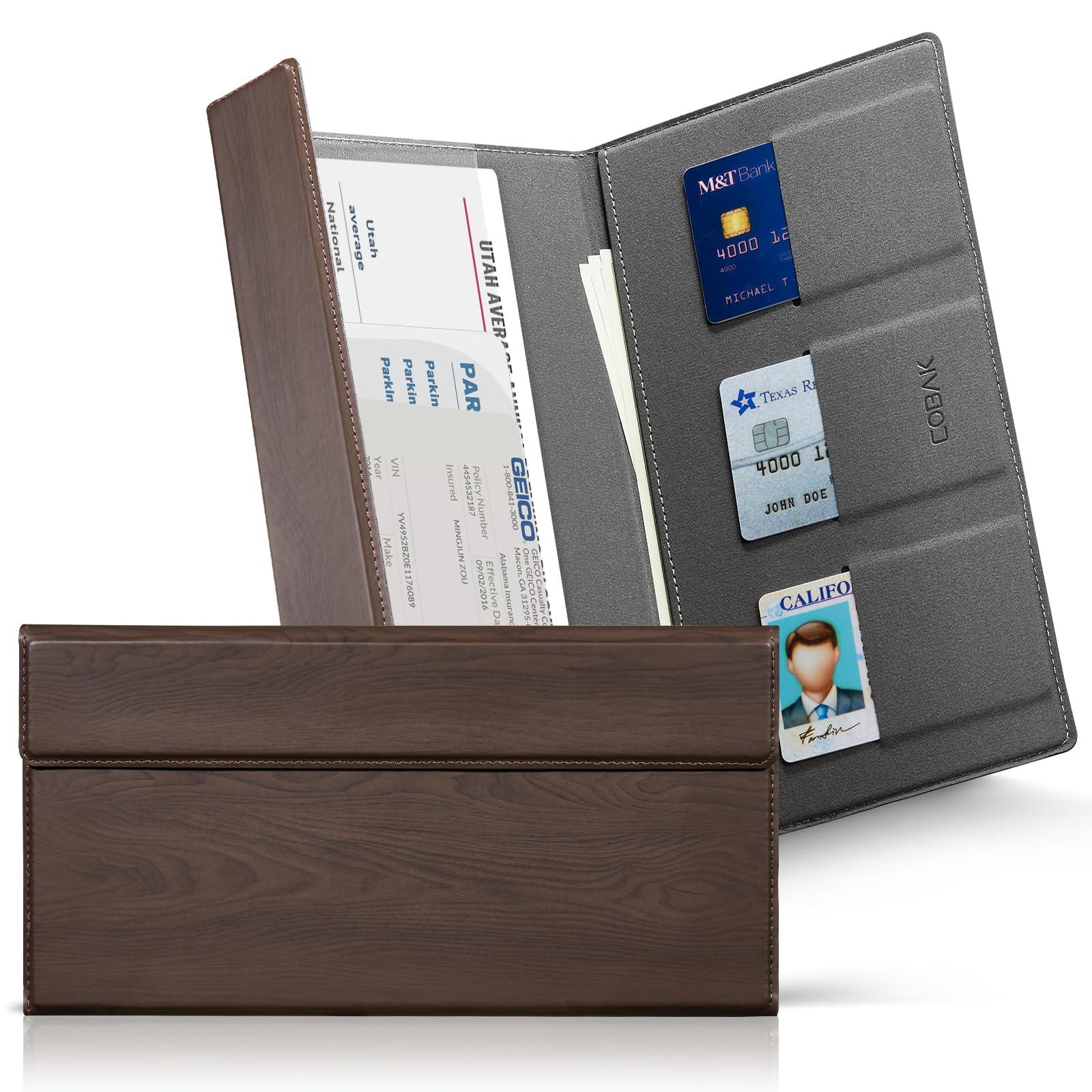 CoBak Leather Car Registration and Insurance Holder with Magnetic Compartment - Vehicle Glove Box Organizer for Driver License, Cards, Emergency Cash - Auto Truck Accessories Case, Dark Brown