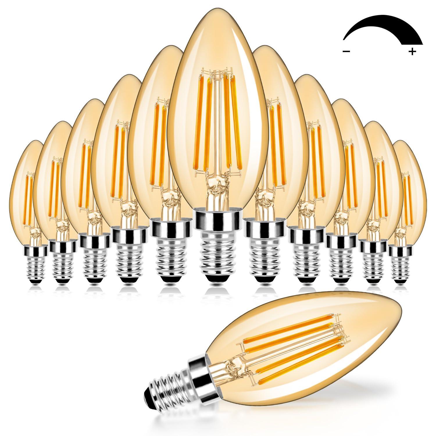 12-Pack Dimmable E12 LED Candelabra Bulbs 60W Equivalent, 2200K Soft Warm White, 600 Lumens B11 Candle Base 6W C35 LED Filament Vintage Light Bulbs, Amber Glass for Chandelier Ceiling Fan High CRI 90+
