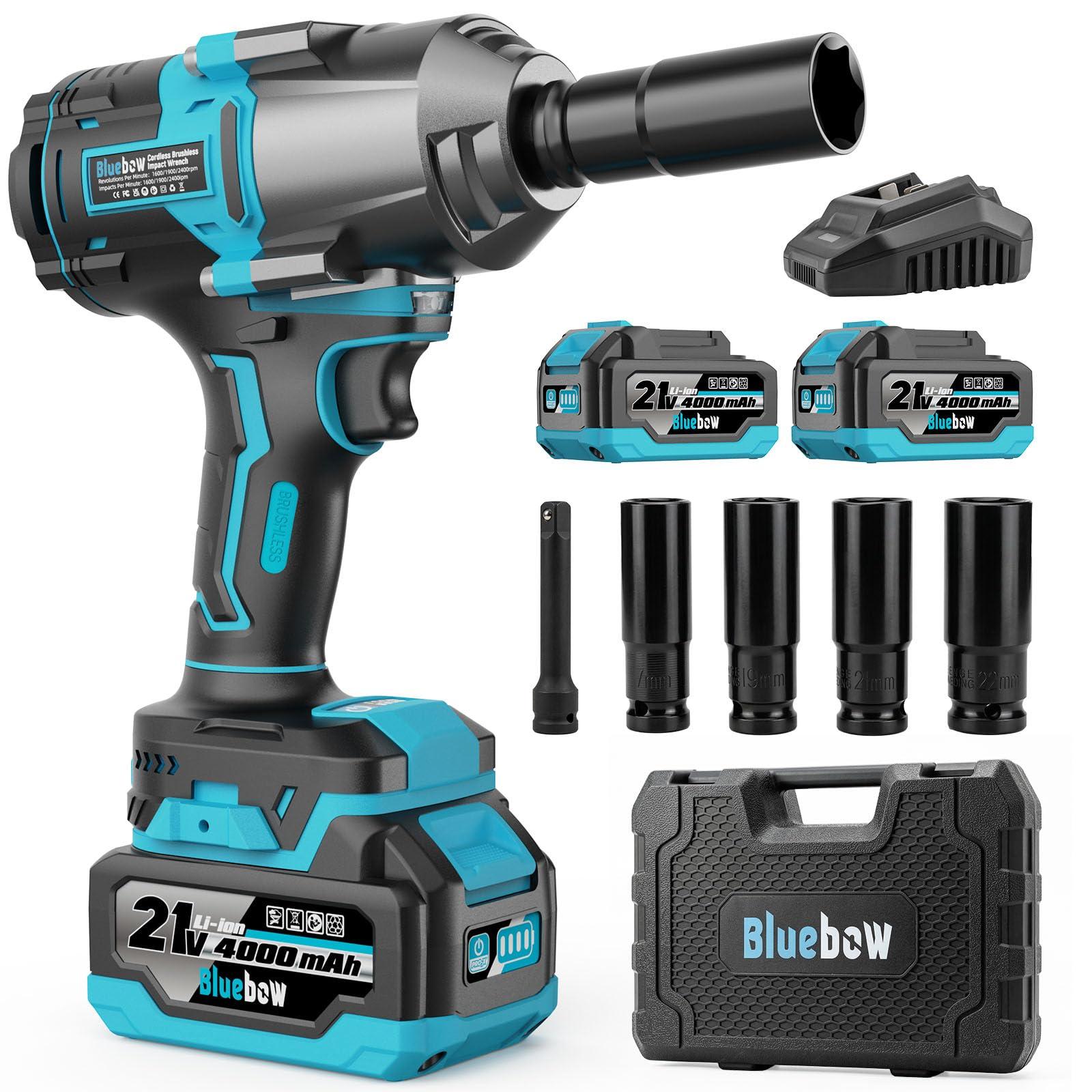 Bluebow Cordless Impact Wrench, 737.5 ft-lbs (1000 N·m) Brushless Impact Wrench with 2x4.0Ah Battery, 1/2" 3-Speed Modes Impact Gun with 4 Sockets for Pickup, Truck, Home Car