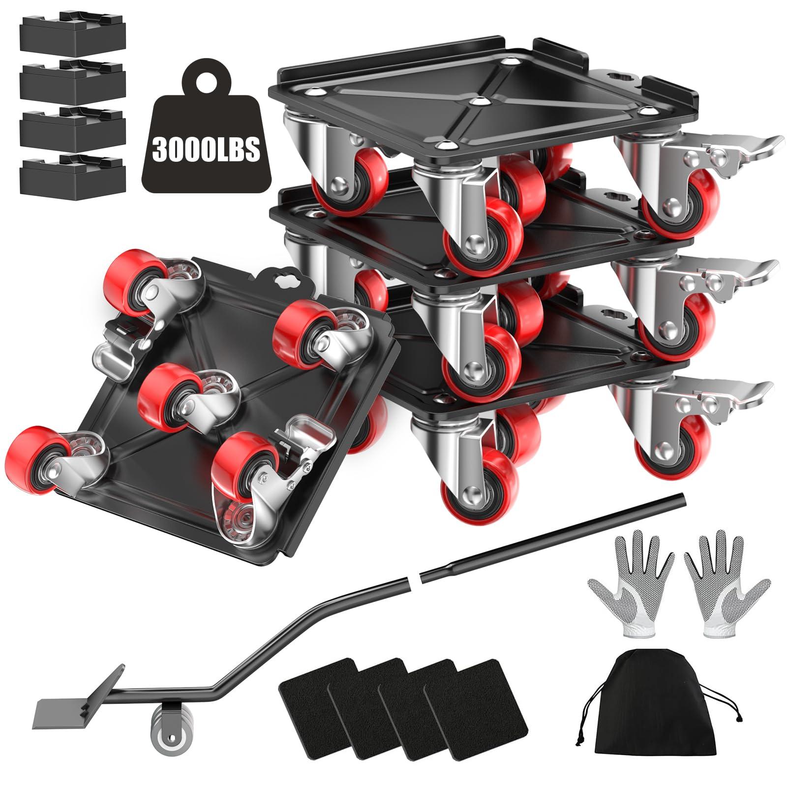 LOYAL TIGER Heavy Duty 3000LBS Furniture Dolly & Movers with 5 Wheels & Brake - 360° Rotating Moving Dolly for Furniture, Piano, Appliances - 6.3 Inch Non-Slip Sliders, Red