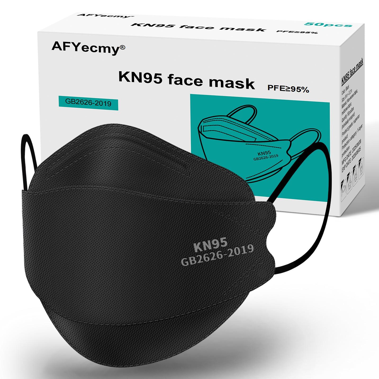 AFYecmy KN95 Face Masks Black 50 Pack for Adults, Breathable Disposable with Elastic Ear Loops