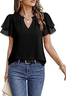 Womens Summer Tops Dressy Casual Short Sleeve Chiffon Blouses V Neck Business Work Shirts