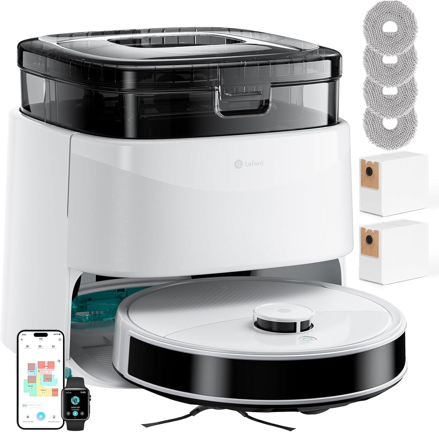 Lefant Robot Vacuum and Mop, 12000Pa Suction, 90-Day Self-Emptying, Obstacle Avoidance, Auto Mop Washing&Drying, All-in-One for Pet Hair Carpet, 5G WiFi Alexa/APP/iWatch Control, M3