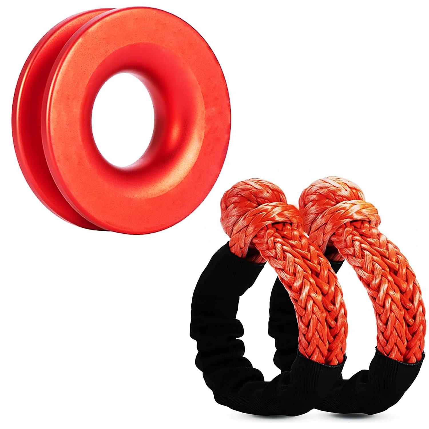 SCHTUMPA 2pcs Synthetic Soft Shackles (57,000lbs Max Breaking Strength) 1/2 inch x 22 inch with Red Snatch Recovery Ring Kit for Sailing SUV ATV 4X4 Truck Jeep（Red）