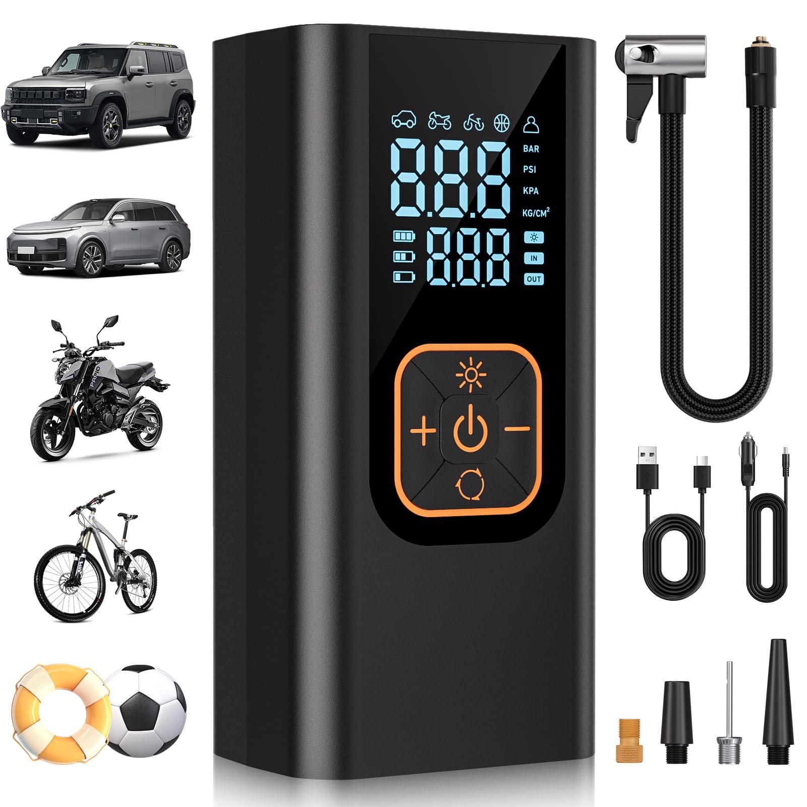 QKMPOM 180PSI Tire Inflator Portable Air Compressor, 6X Faster Air Pump for Car Tires with Digital Pressure Gauge, 12V DC Adapter, LED Light, Portable Tire Inflator for Car, Motorcycle, Bike, Obsidian