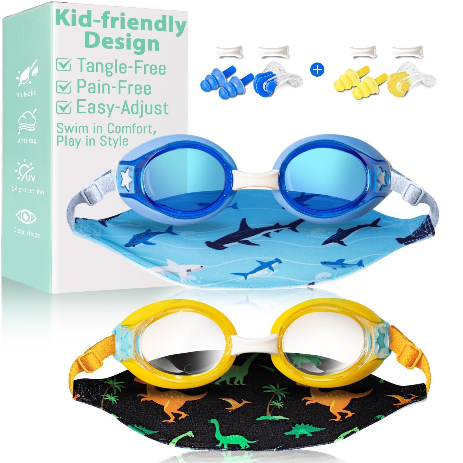 Pixel Panda Kids Swim Goggles with Fabric Strap for 3-12 Anti-Fog Anti-UV, No Leak No Hair Pulling Swimming Goggles