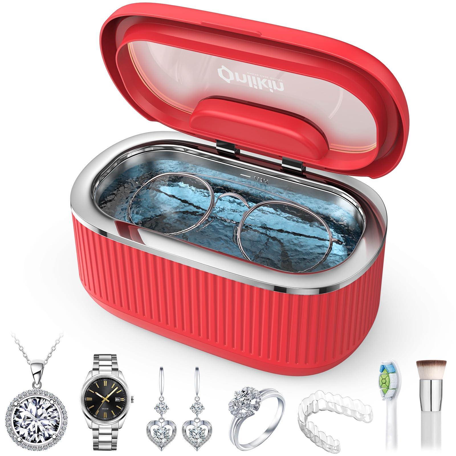 onlikin 45KHz Ultrasonic Jewelry Cleaner, 5 Timer & 3 Power Modes, 35W Retainer Cleaner for Jewelry, Eyeglasses, Rings, Watch Strap, Dentures - Quiet <38dB, 20oz, 304 Stainless Steel (Red)