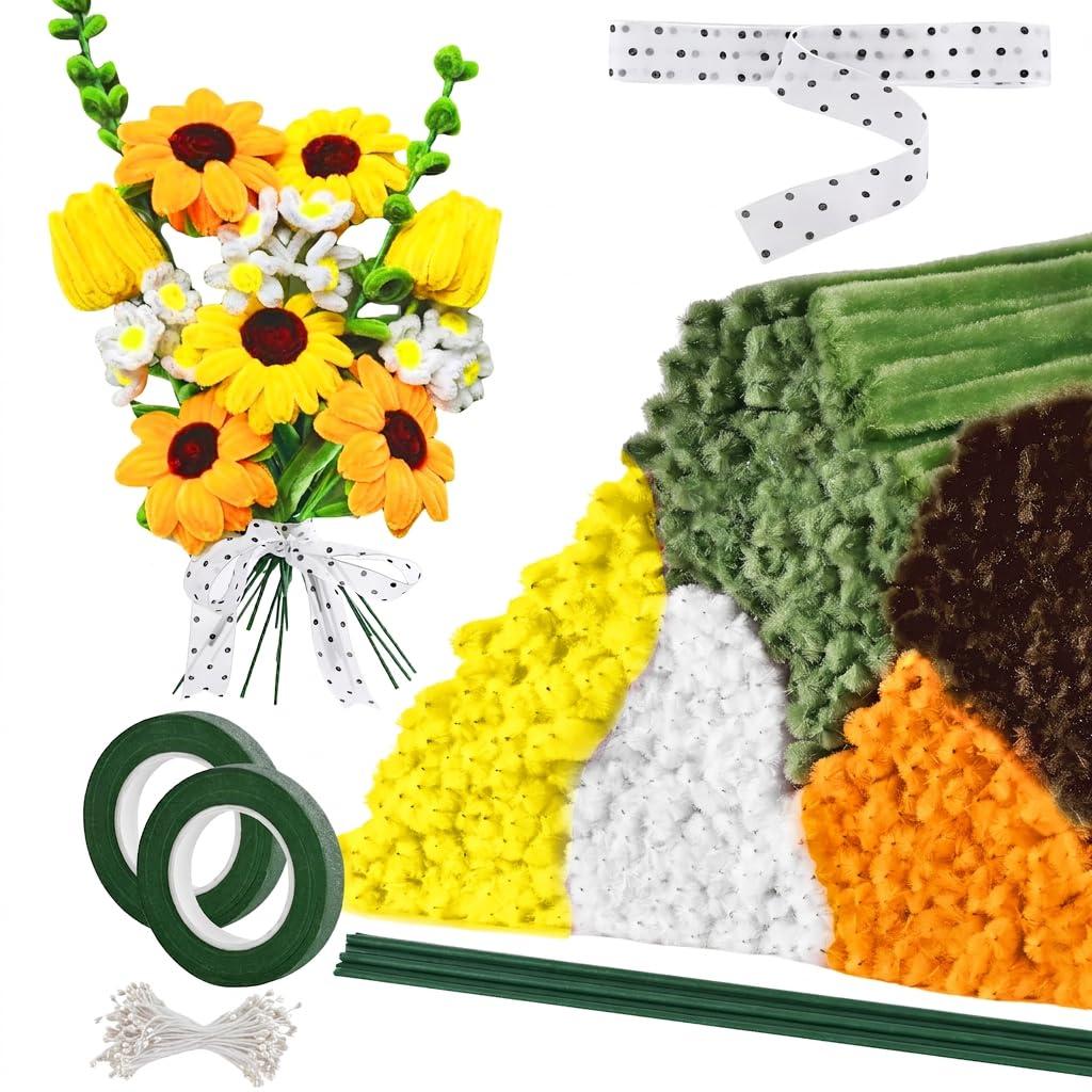 400 Pieces Chenille Stems Pipe Cleaners Craft Kit - Durable Yellow Pipe Cleaners for Crafts & Flowers, Complete DIY Pipe Cleaner Flower Kit for Kids, Ideal for School Projects & Gifts (Sunflower)