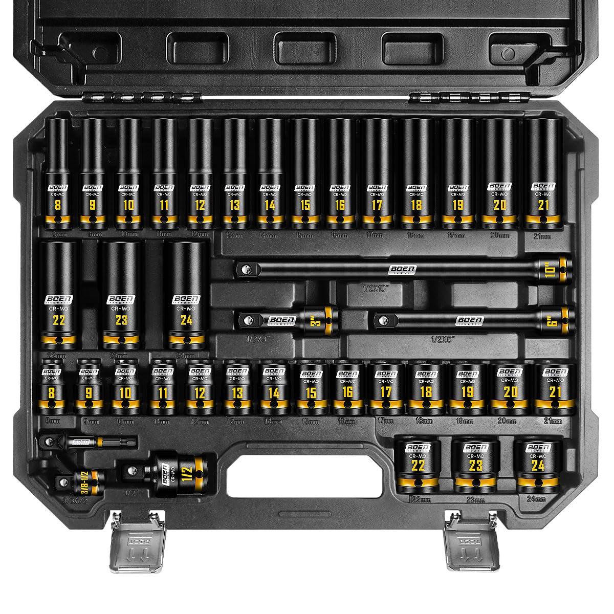 BOEN 40-Pieces 1/2" Drive Impact Socket Set, Metric (8-24mm) Deep & Shallow Socket, 6-Point Design, Yellow Embossed Marking, CR-MO Steel