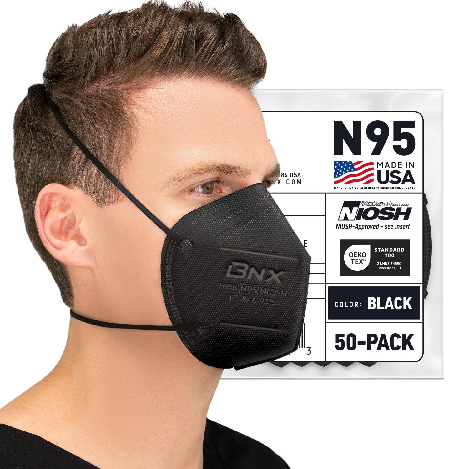 AccuMed BNX N95 Mask Black NIOSH Certified MADE IN USA Particulate Respirator Protective Face Mask (50-Pack, Approval Number TC-84A-9315 / Model H95B) Black