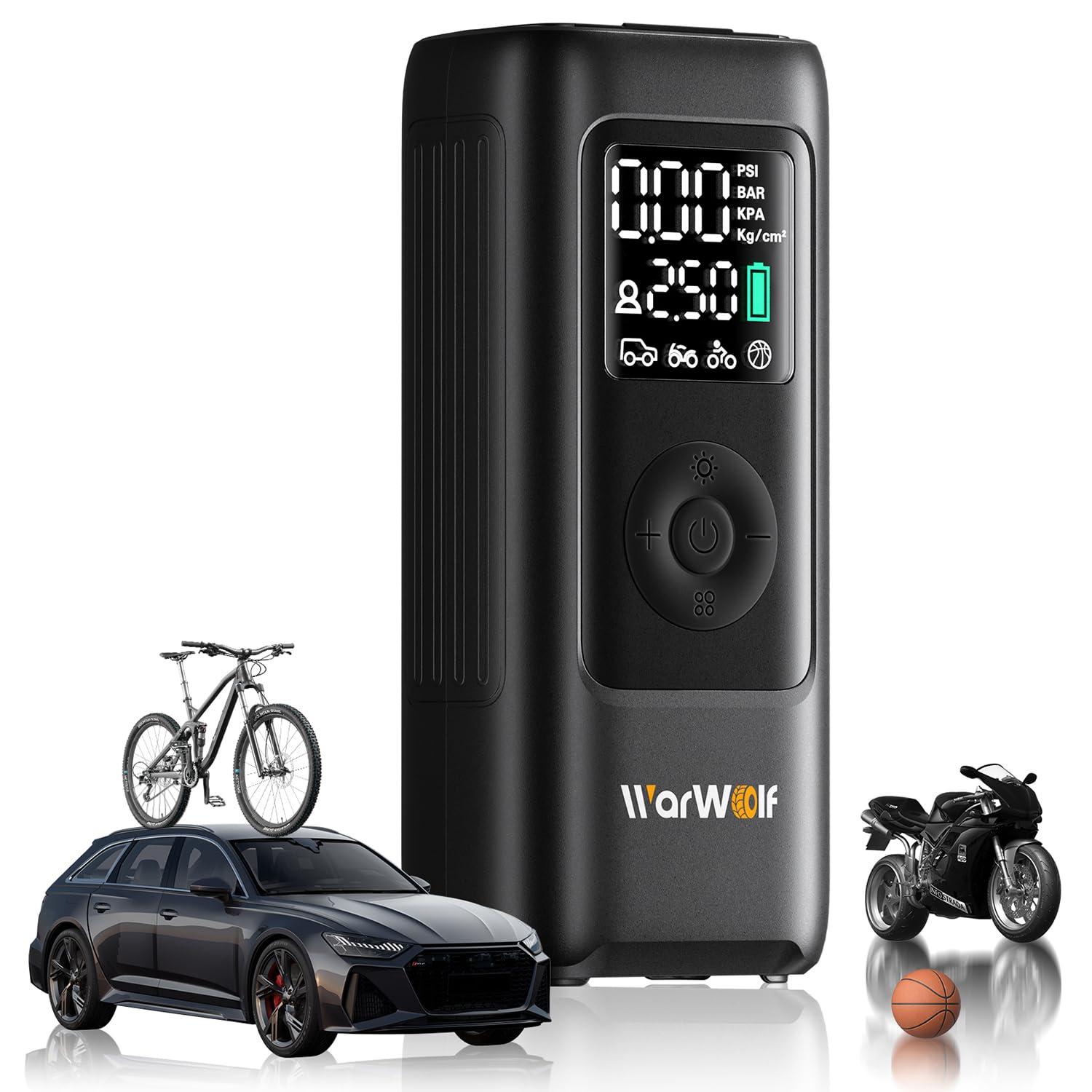 WARWOLF 160PSI Tire Inflator Portable Air Compressor, Electric Air Pump for Car Tires with Pressure Gauge, Dual Power 12V DC, LED Light, Auto Shut-Off, Tire Pump for Auto, Motorcycle, Bicycle, Balls