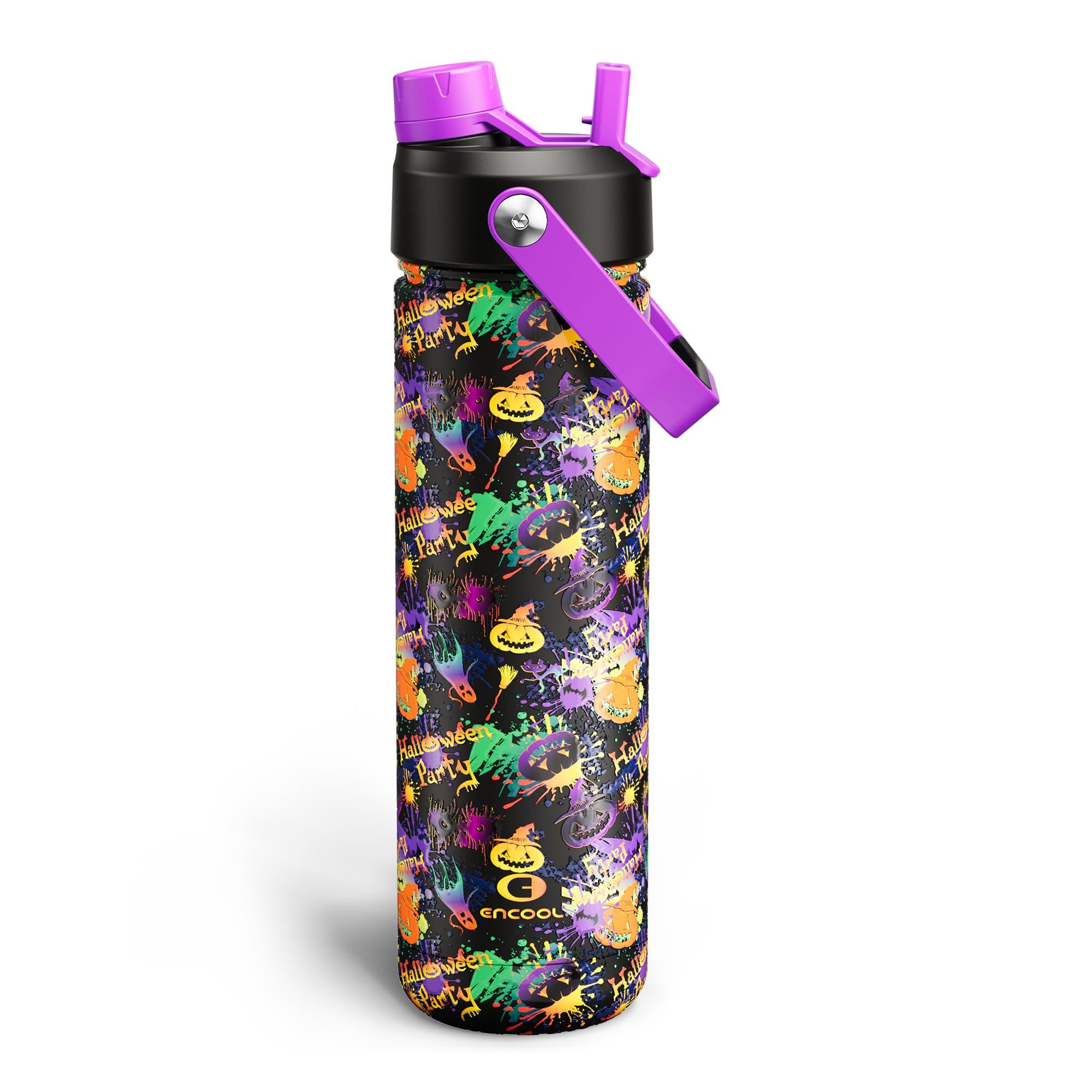 ENCOOL Insulated Water Bottle with Straw Stainless Steel Water Bottle, Leak-Proof, BPA-Free, Double Wall Vacuum Keeps Cold for 24 Hours for Sports, Travel, School (26 oz, Ghost Party)