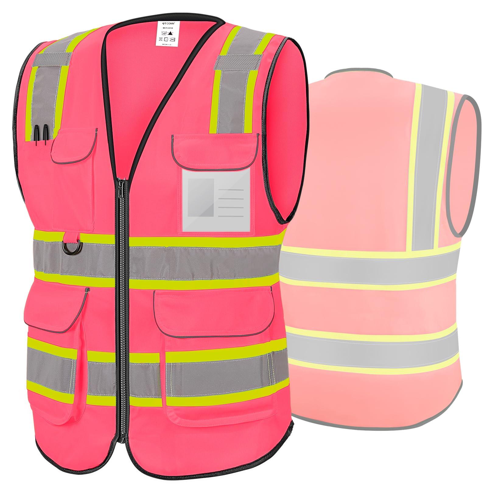 TICONN High Visibility Reflective Safety Vest for Men & Women, ANSI Class 2 | Breathable Polyester Mesh, 360° Reflective Strips, Multi-Function Pockets with ID Storage, Smooth Zipper, Construction & Work