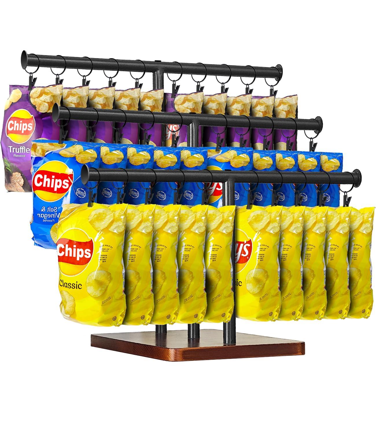 Usluole Chip Rack Display Stand, 3-Tier 42 Clips Snack Organizer for Countertop, Small Wood Base Potato Chip Holder Rack for Party, Snack Display Rack for Concession Stand, Retail Store Home