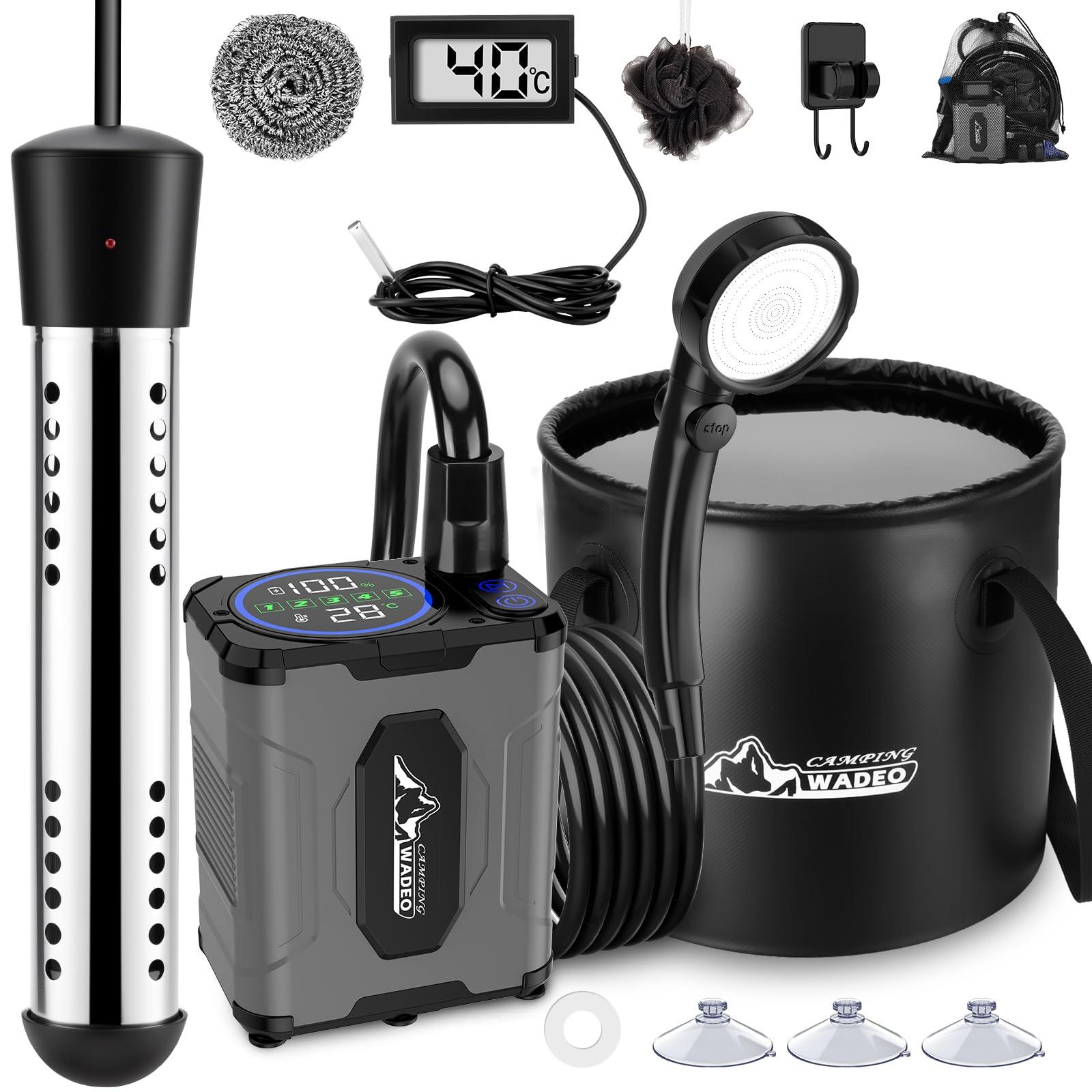 WADEO 2026 Upgraded Portable Shower for Camping with Heater, Rechargeable Camping Shower with Intelligent LED Display, 5 Gal Foldable Bucket, 5 Speed Pressure, Outdoor Shower for Travel, Pet Bath