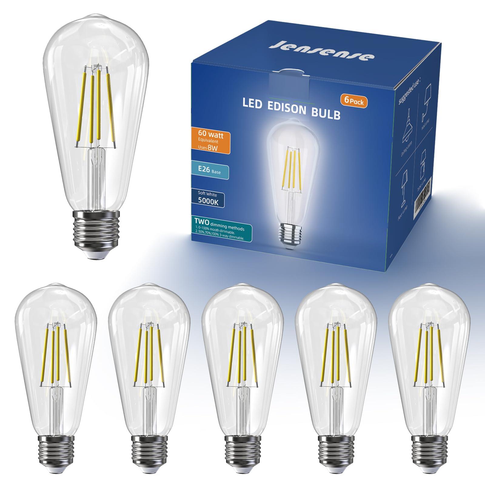 Jensense Edison Bulbs E26 LED Bulb 60 Watt Equivalent, Vintage LED Light Bulbs CRI90+ ST19, Dimmable Clear Light Bulbs (5000K Daylight, 8watt-6 Pack)
