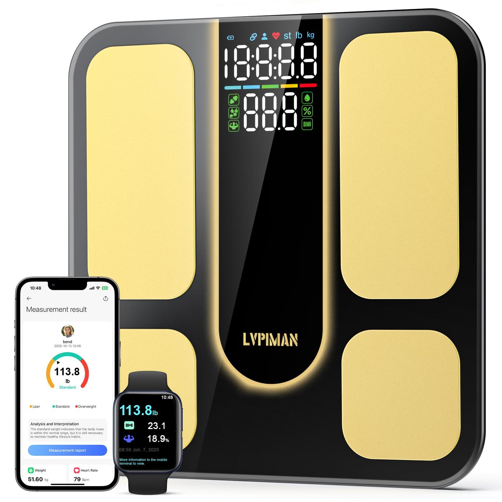 LVPIMAN Professional Smart Scale for Body Weight, BMI, Body Fat, Muscle Mass, Highly Accurate 25 Body Composition Weighing Machine, Bathroom Digital Scale Large Display Sync with Fitness App, 402lb