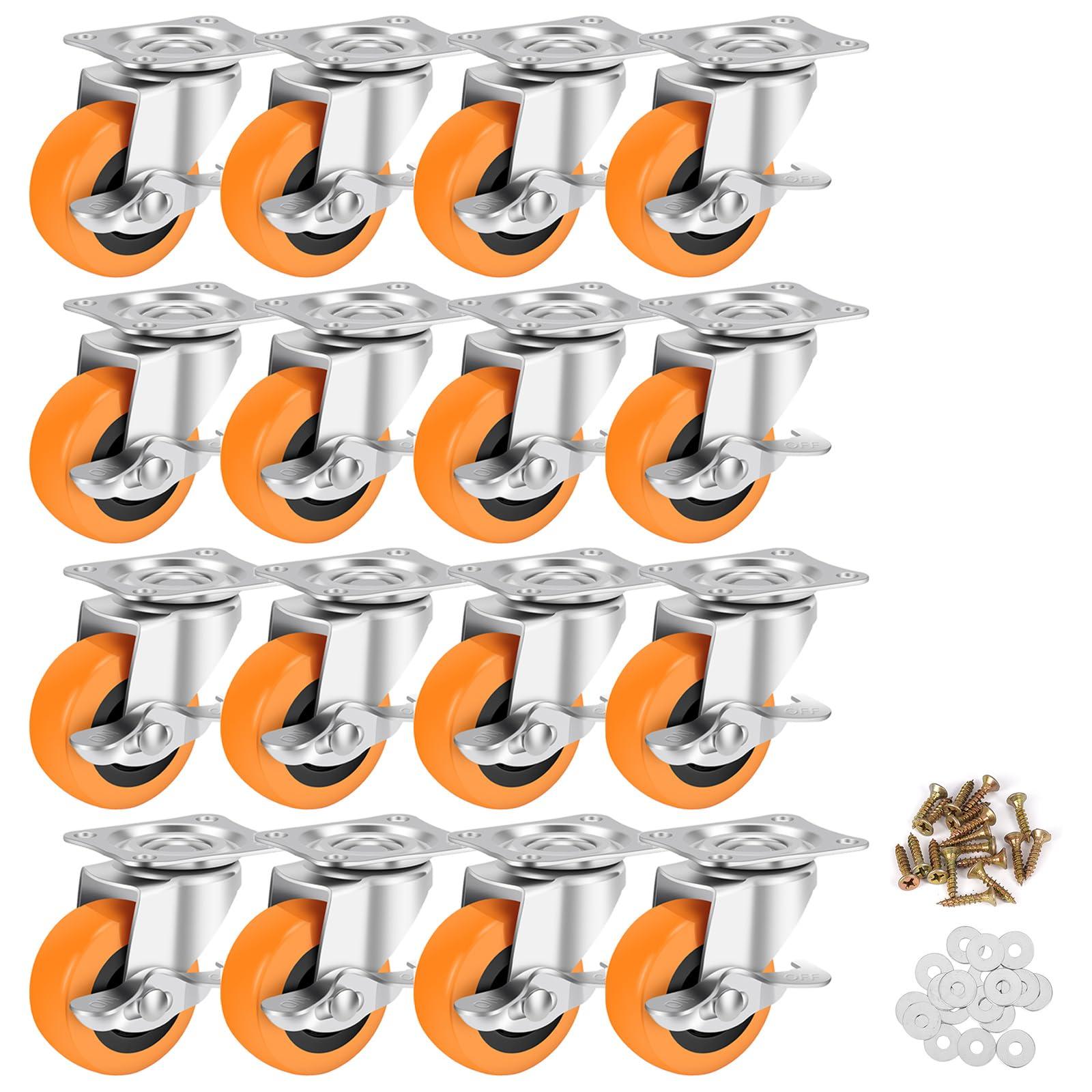 2.5 Inch Caster Wheels, Casters Set of 16,Heavy Duty Caster with Brake,Top Plate Swivel Wheels Industrial Castors Polyurethane Wheel, Locking Castor for Furniture Carts and Workbench
