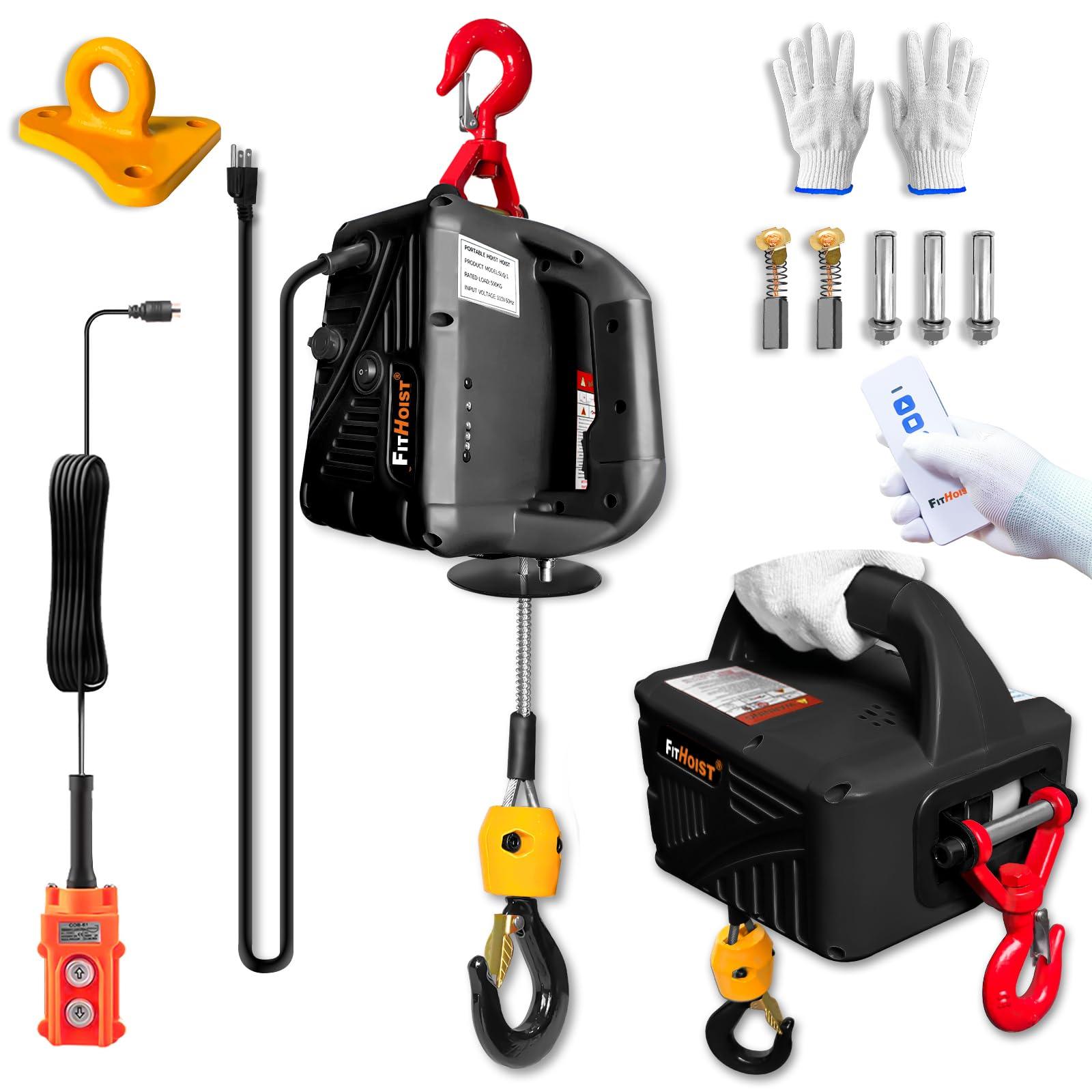 3-in-1 Electric Hoist Winch 1100lbs, 110V Portable Power Winch Crane with Manual, Wired and Wireless Remote Control, Overload Protection, 25ft Lift Height for Lifting Towing