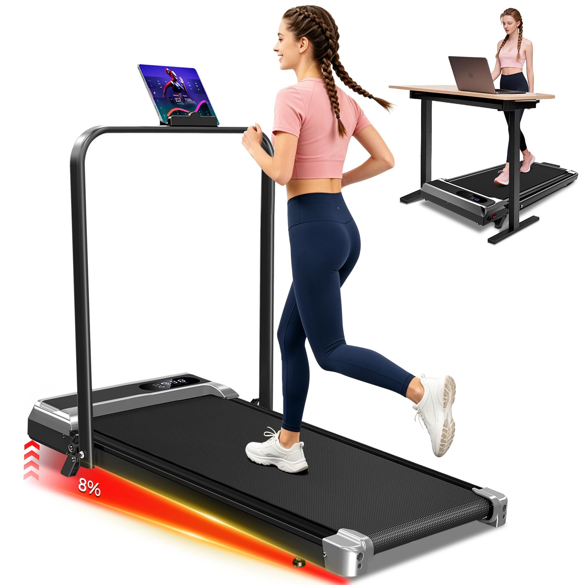 Walking Pad Treadmill with 8% Incline - Portable Home Tread Mills Quiet Machine Compact Fold up Indoor, 3.0HP Walk Running Pads with Handle Bar, Easy Assembly, Up to 350LBS Capacity